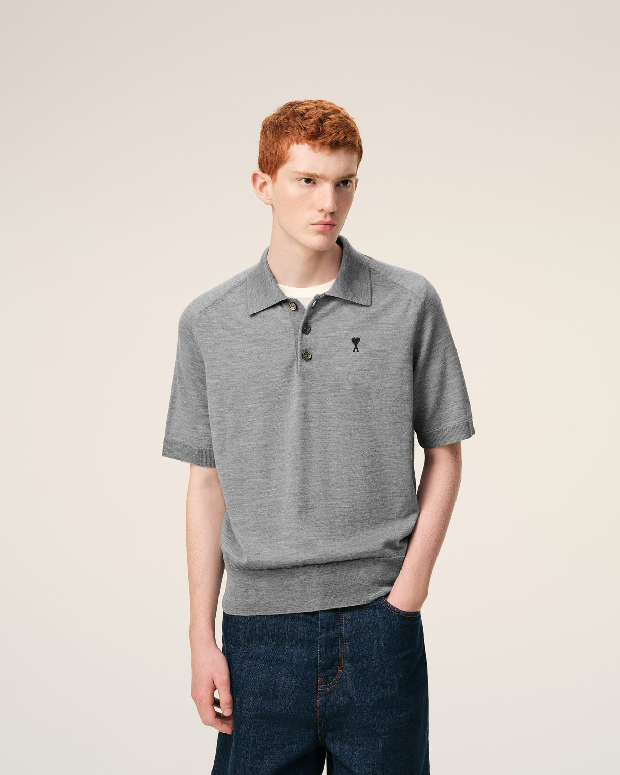Grey Wool Short Sleeves Polo