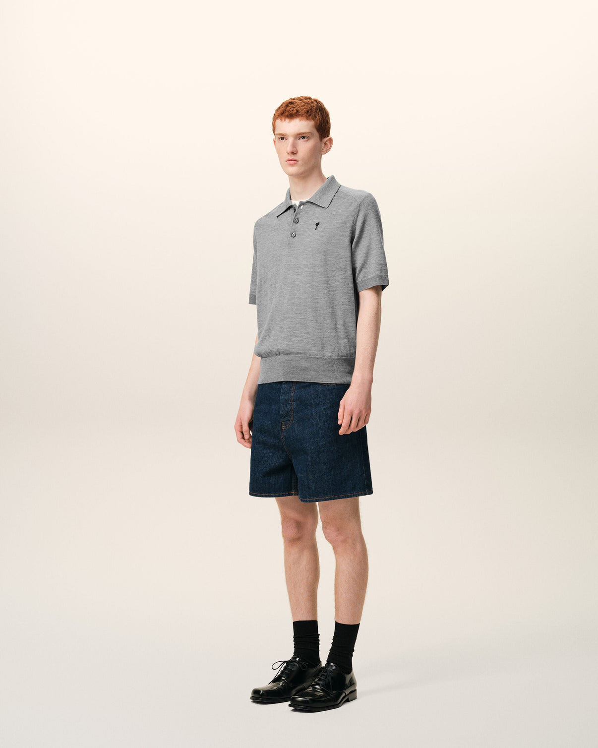 Grey Wool Short Sleeves Polo