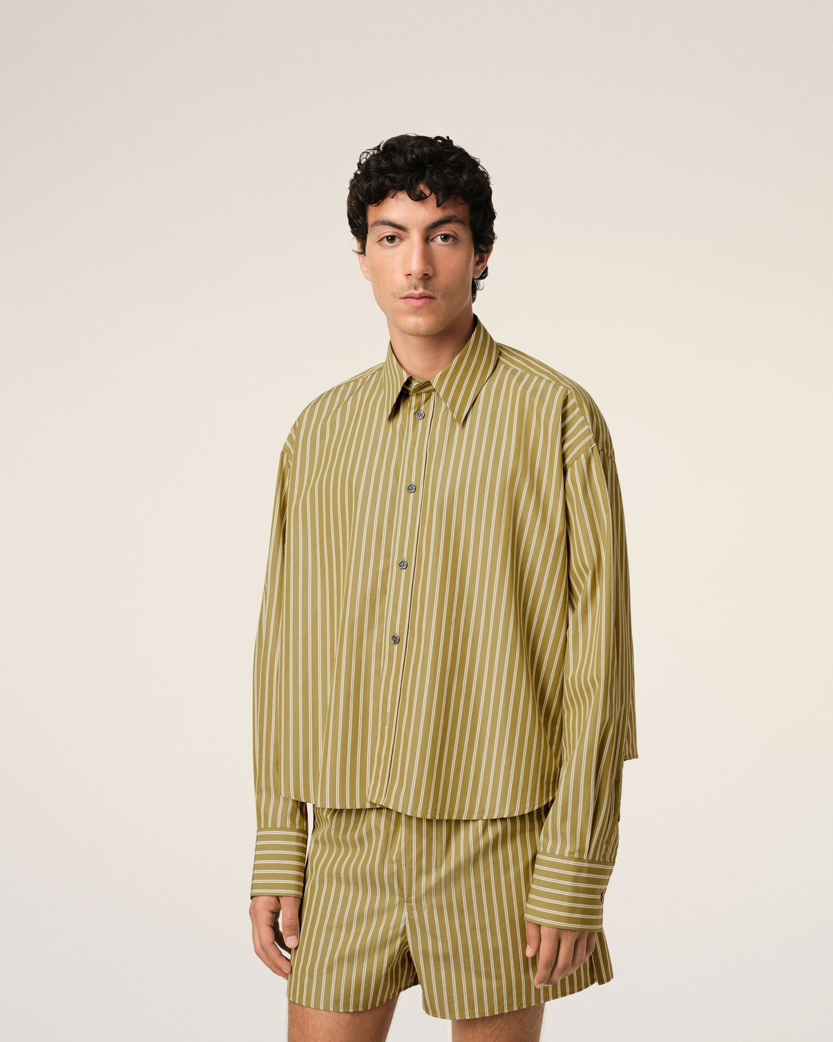 Khaki Cotton Cropped Oversized Shirt