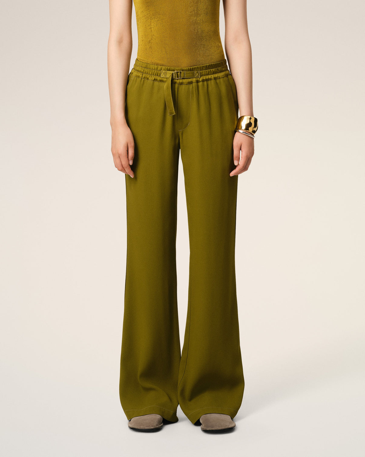 Khaki Flare Fit Elasticated Trousers