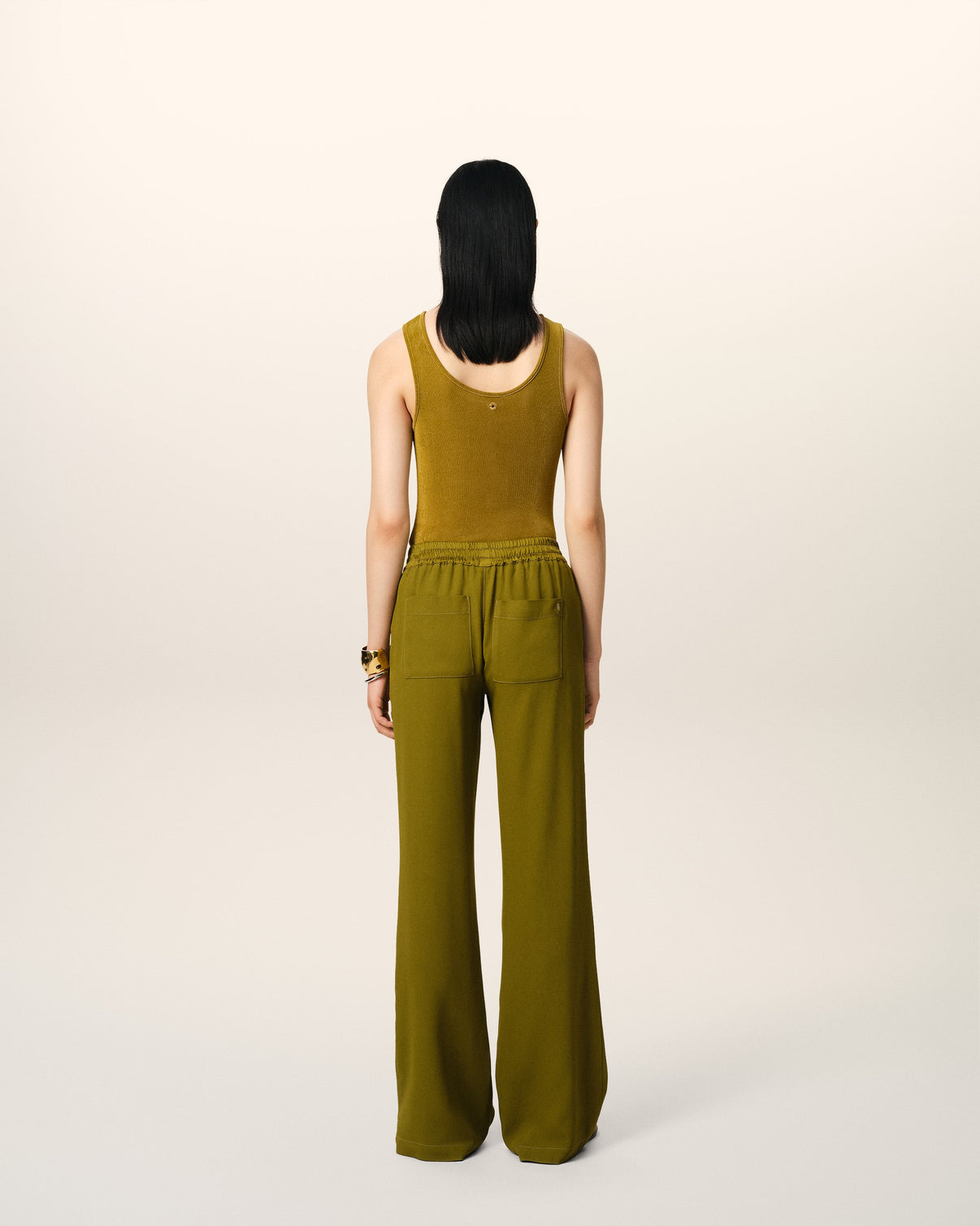 Khaki Flare Fit Elasticated Trousers