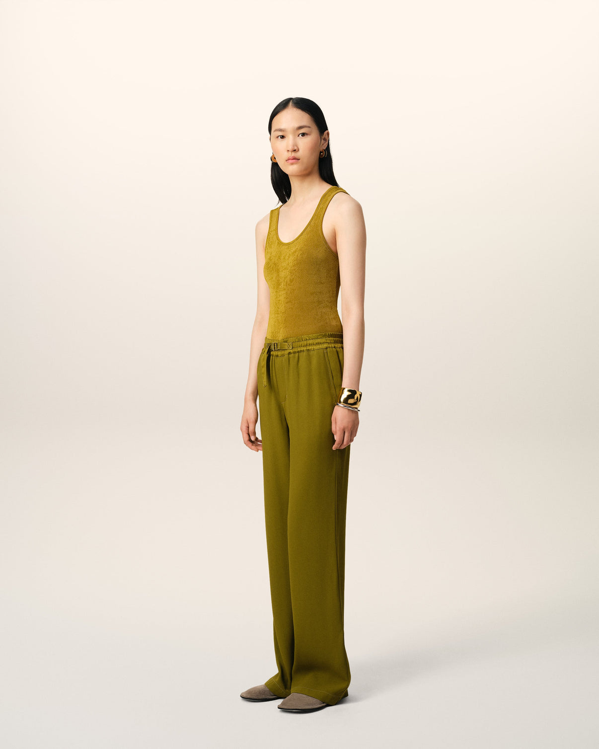 Khaki Flare Fit Elasticated Trousers