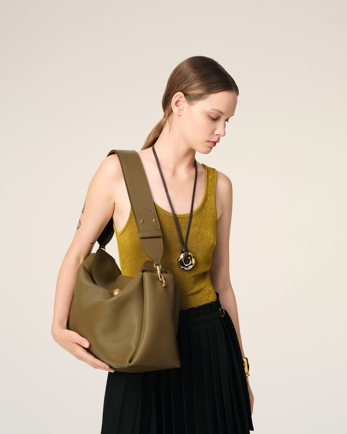 Khaki Leather Large Carrousel Bag