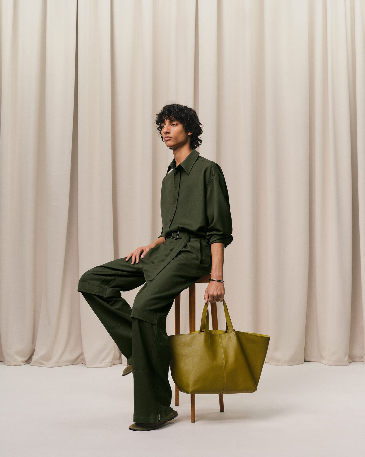 Khaki Leather Midi Tote Bag