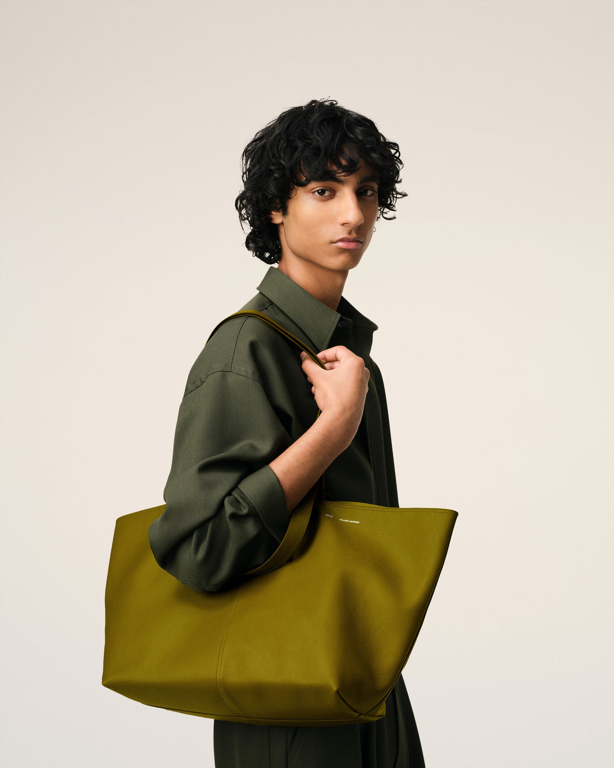 Khaki Leather Midi Tote Bag