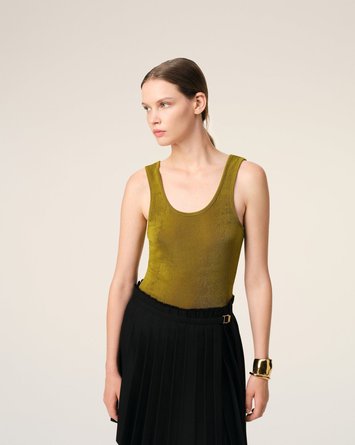 Khaki Light Shiny Rib Jersey Tanktop