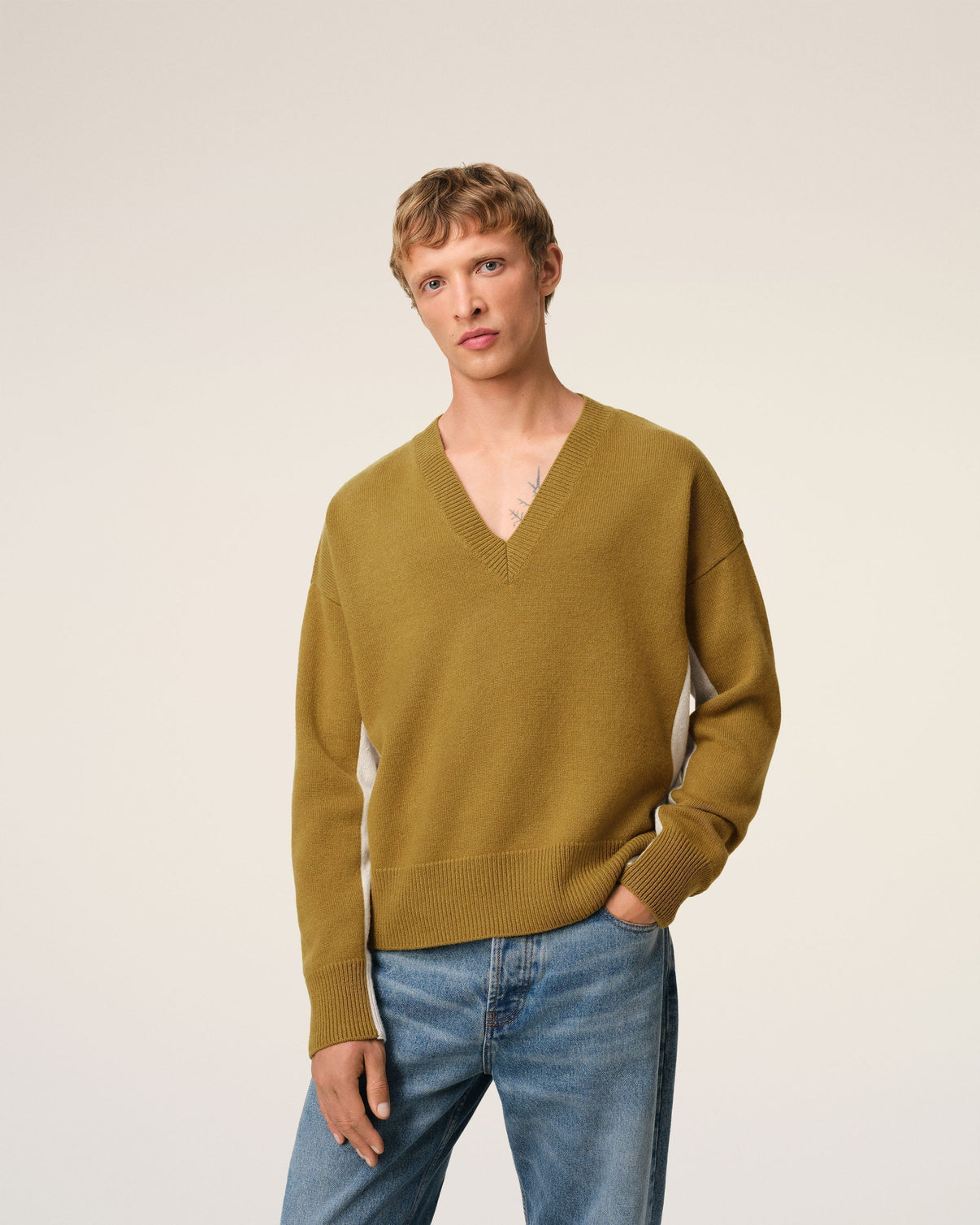 Khaki Wool Knit Bicolor V Neck Sweater