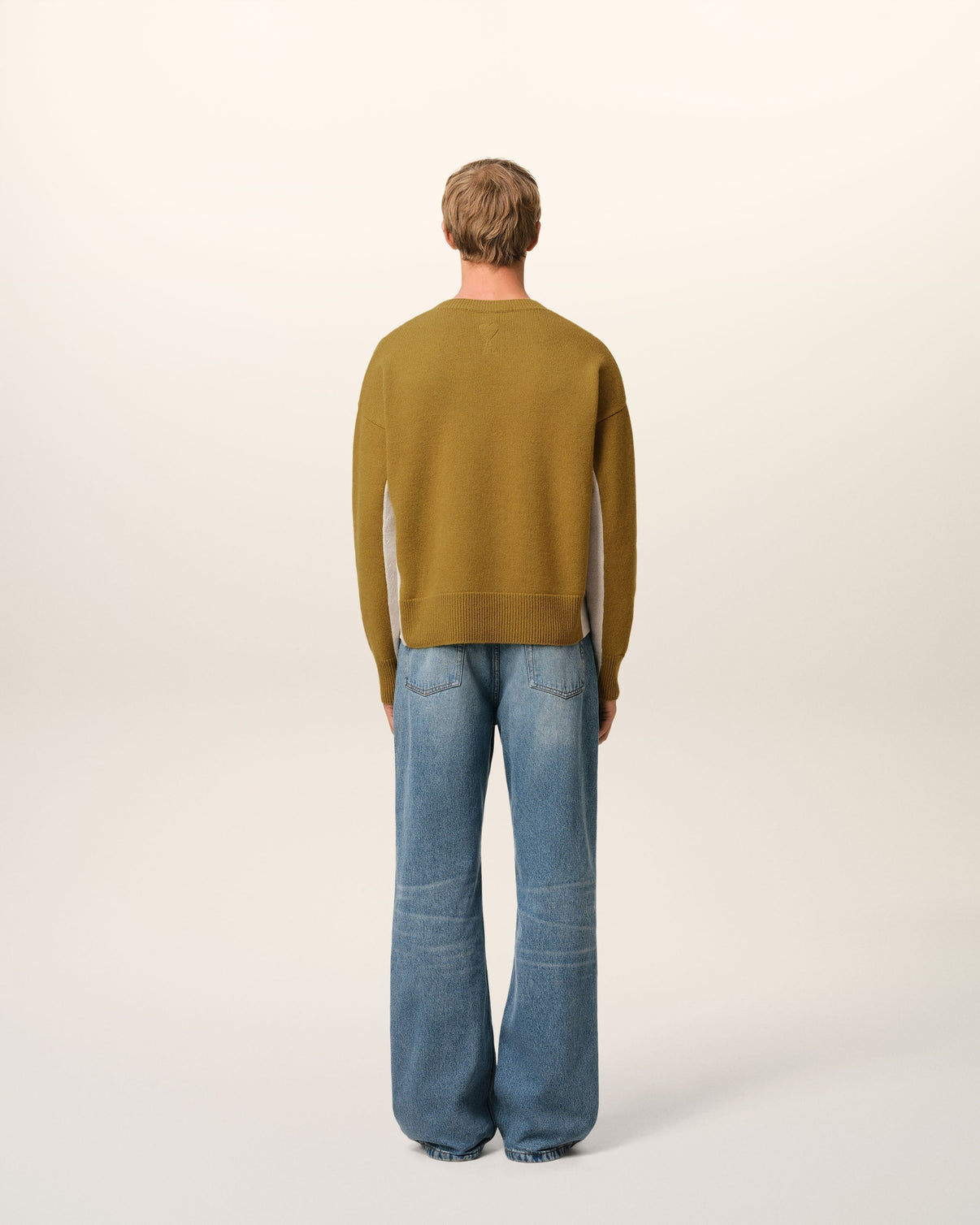 Khaki Wool Knit Bicolor V Neck Sweater