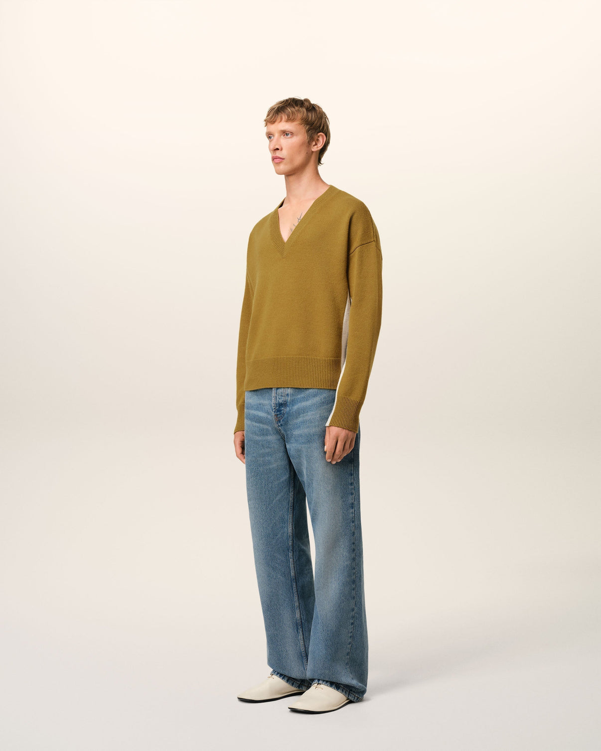 Khaki Wool Knit Bicolor V Neck Sweater