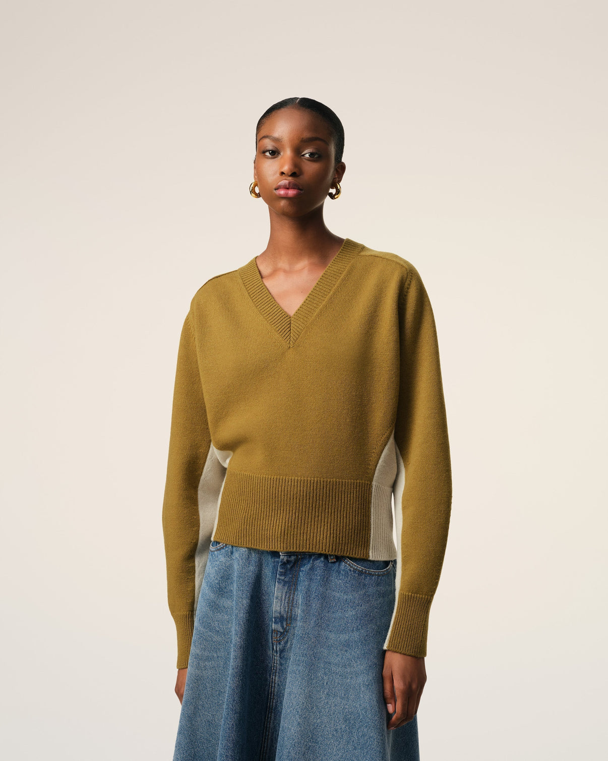 Khaki Wool Knit Bicolor V Neck Sweater