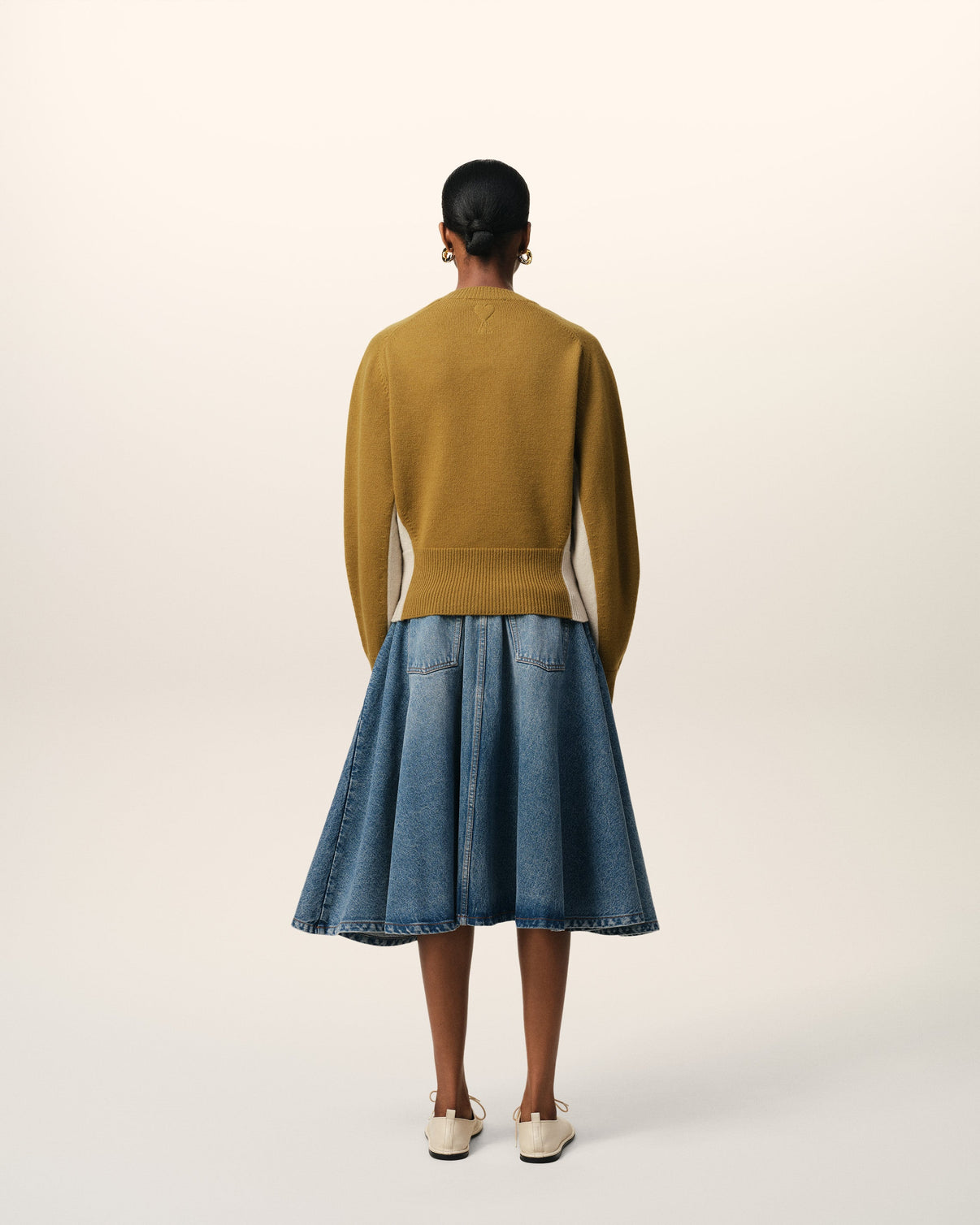 Khaki Wool Knit Bicolor V Neck Sweater