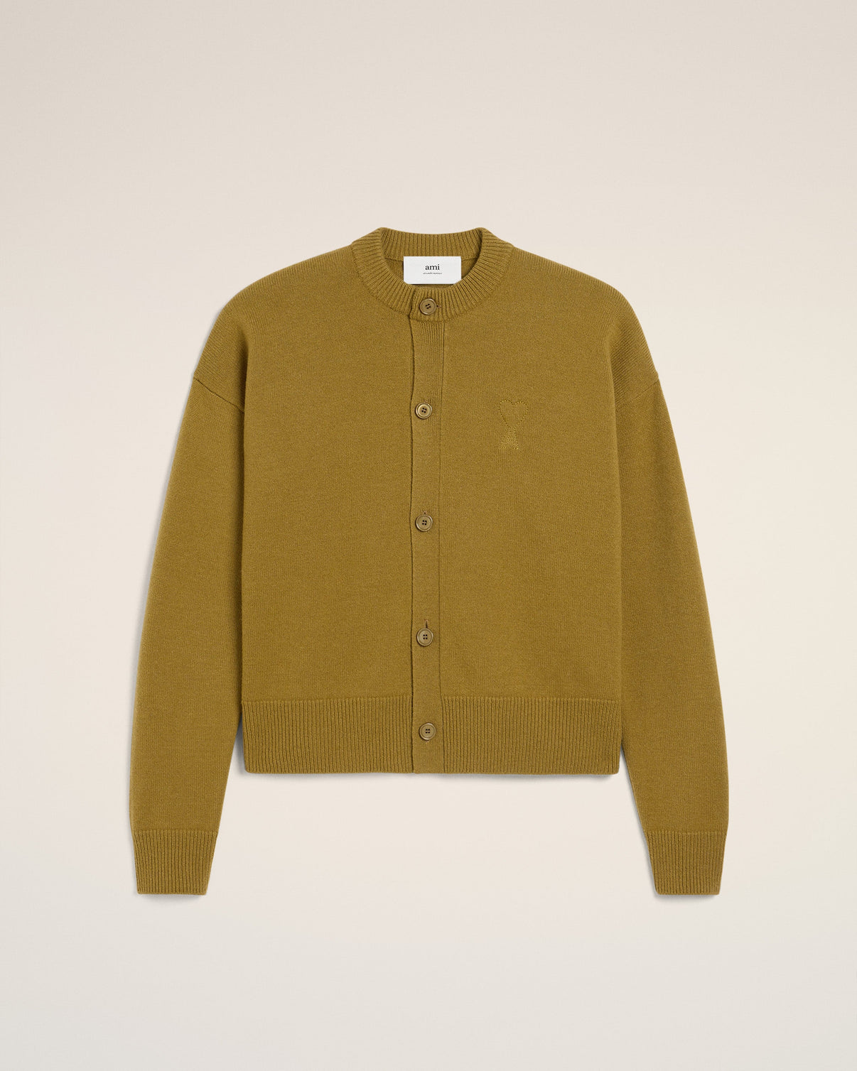 Khaki Wool Knit Crewneck Cardigan