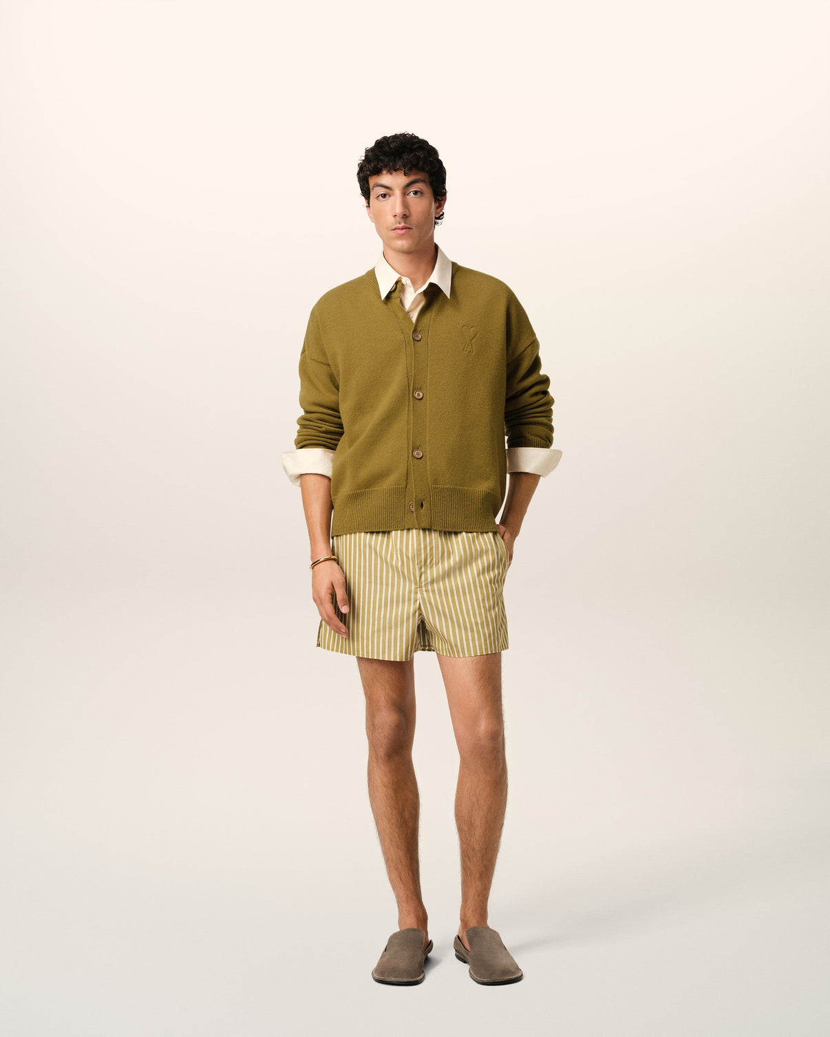 Khaki Wool Knit Crewneck Cardigan