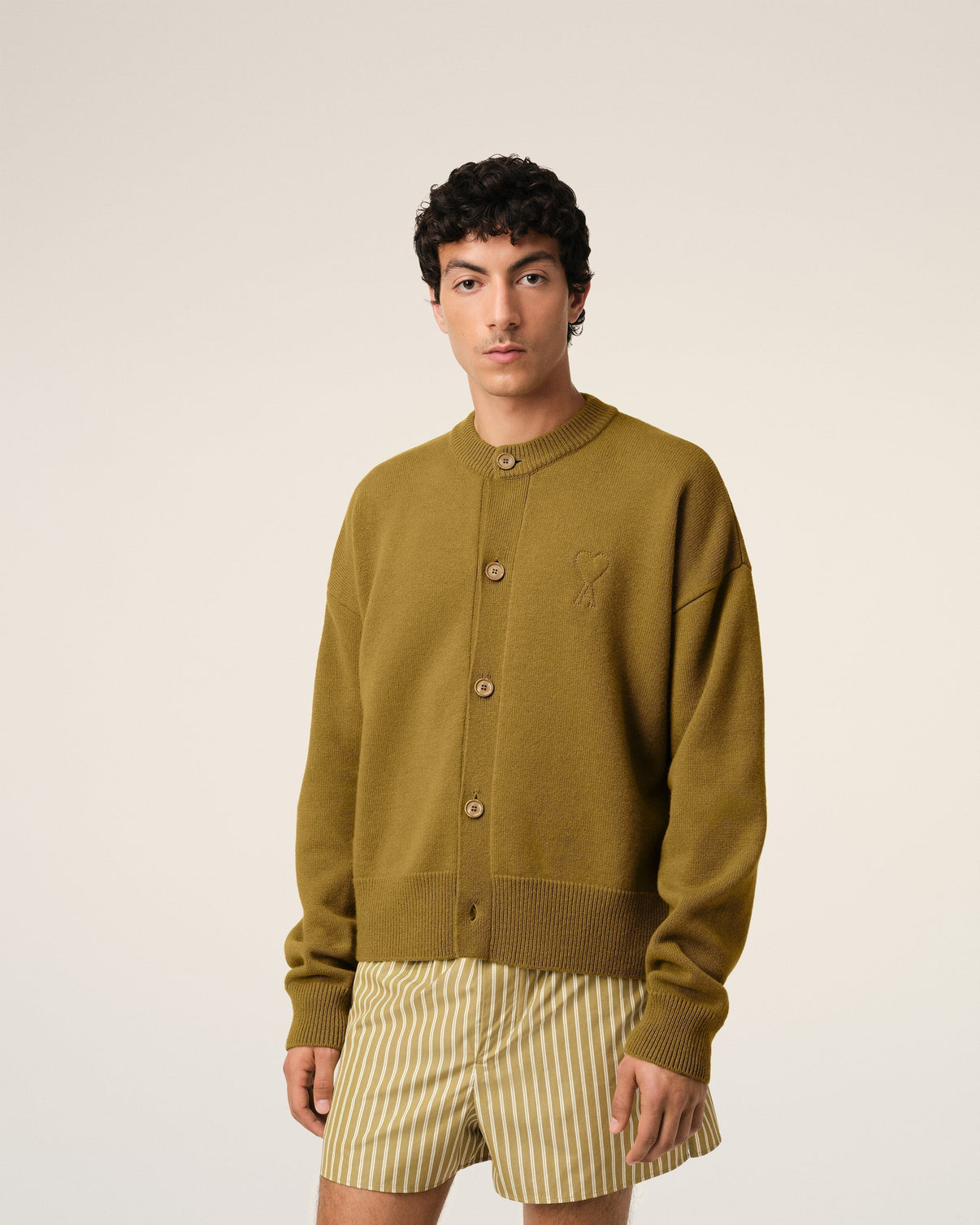 Khaki Wool Knit Crewneck Cardigan