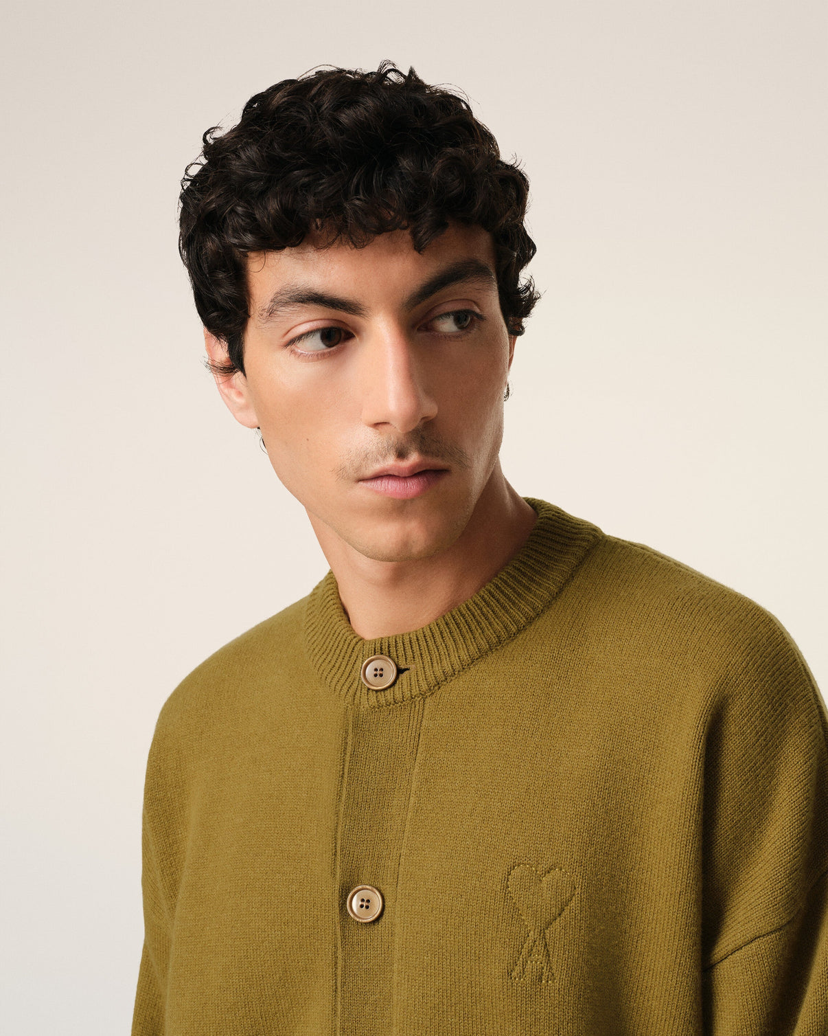 Khaki Wool Knit Crewneck Cardigan