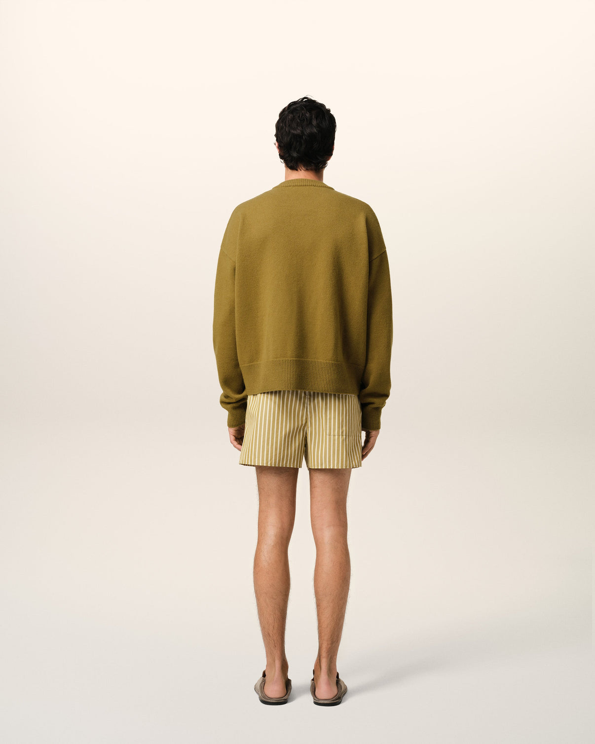 Khaki Wool Knit Crewneck Cardigan