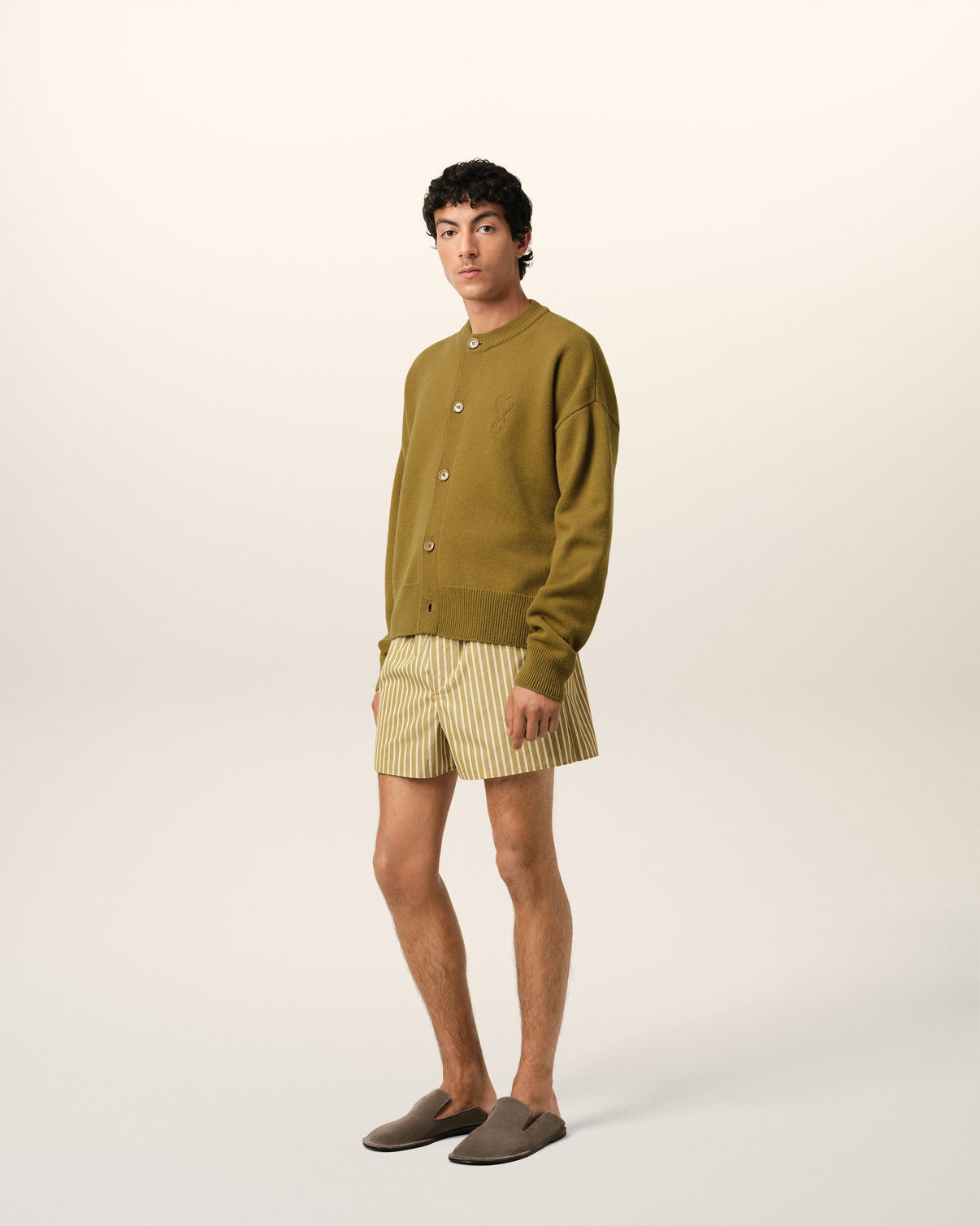 Khaki Wool Knit Crewneck Cardigan