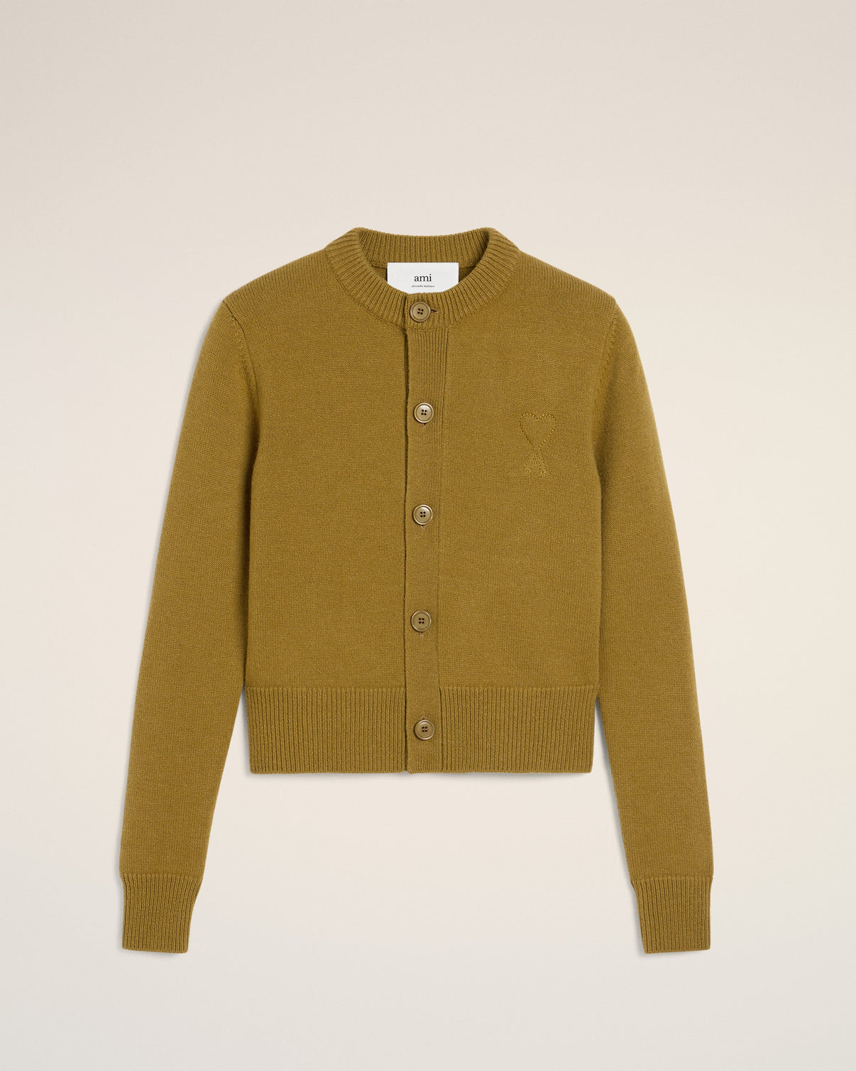 Khaki Wool Knit Crewneck Cardigan