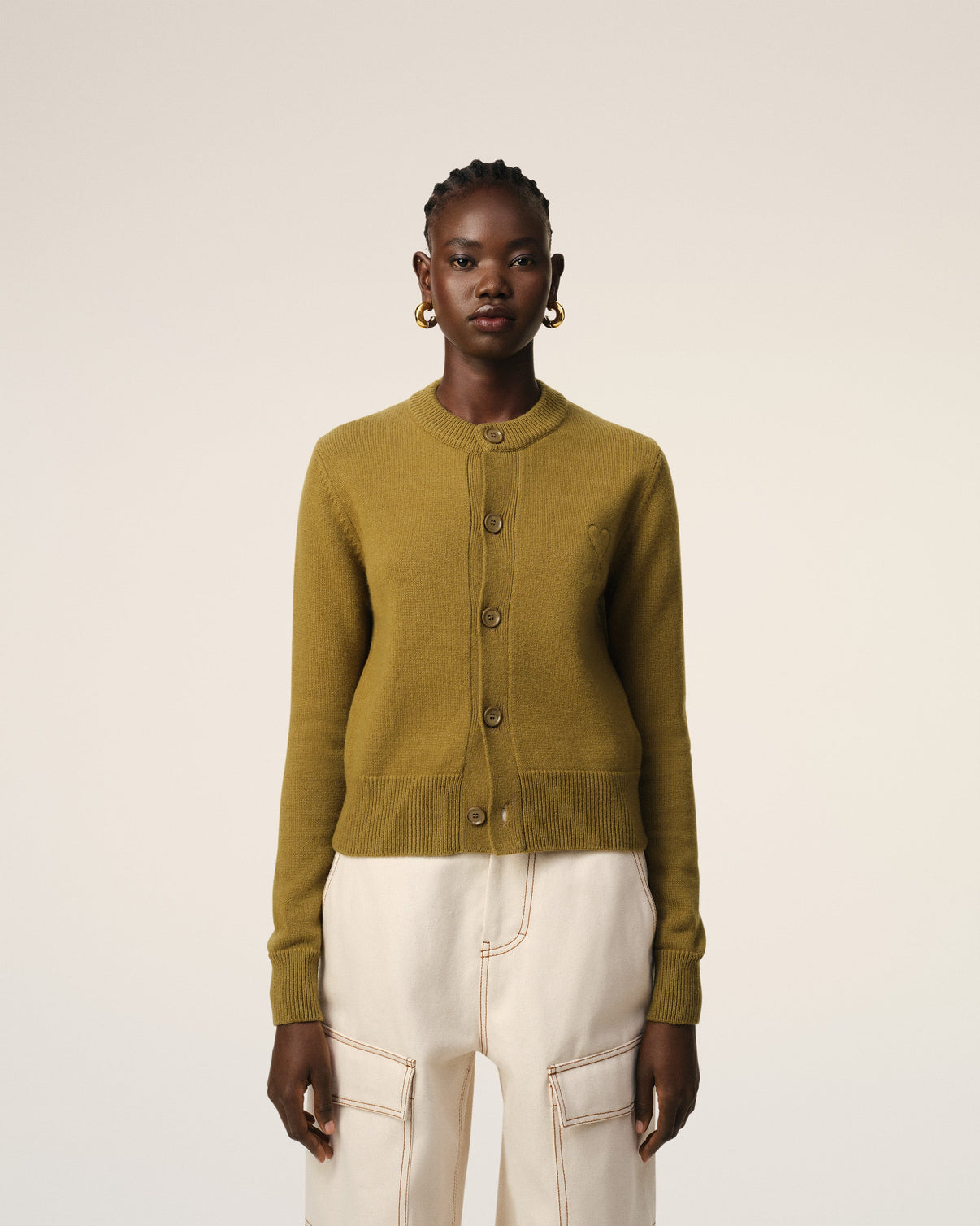 Khaki Wool Knit Crewneck Cardigan