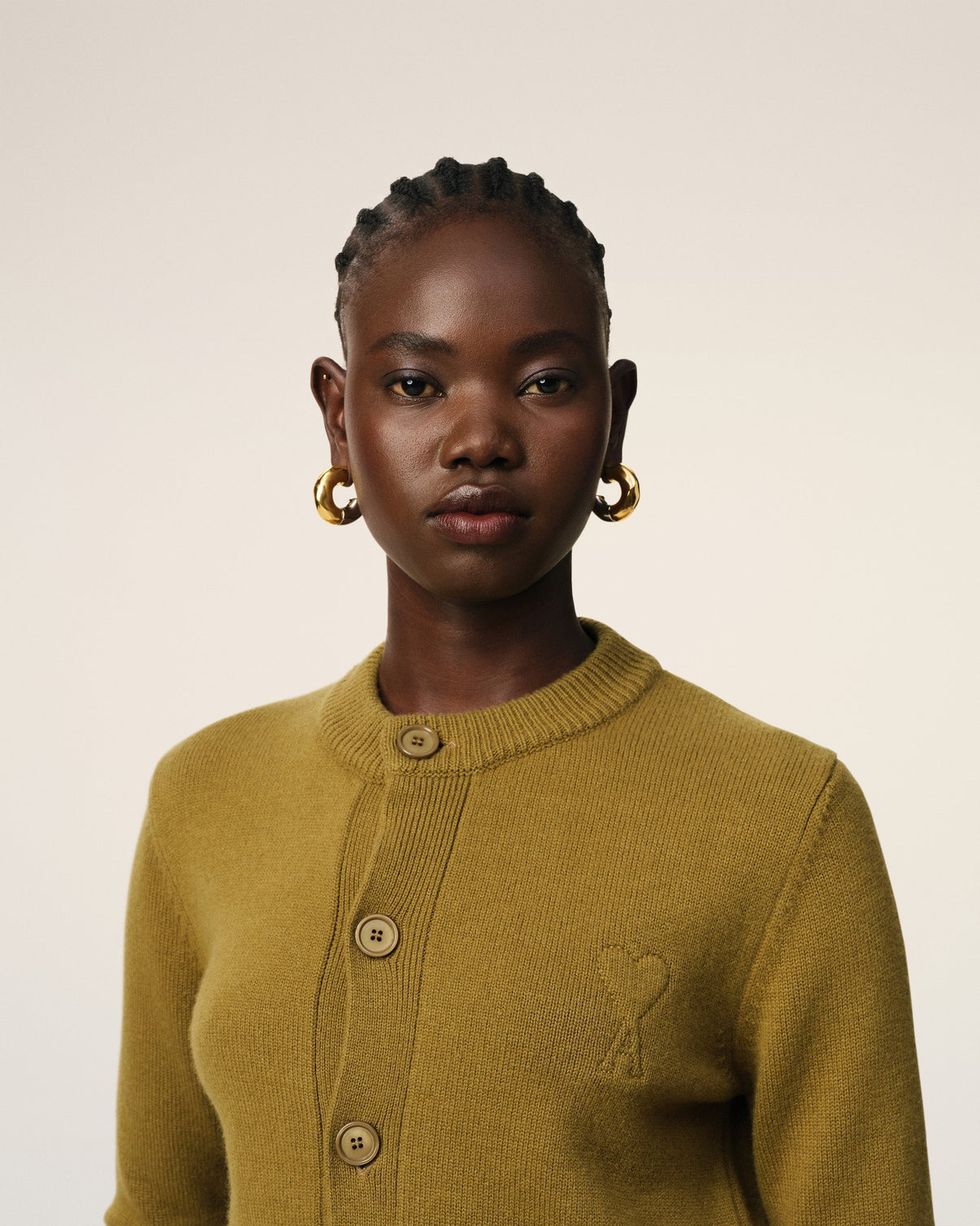 Khaki Wool Knit Crewneck Cardigan