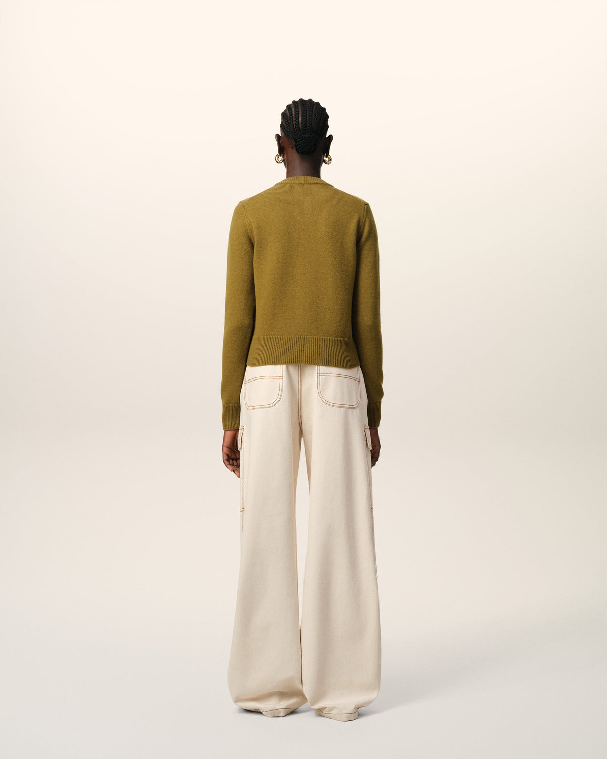 Khaki Wool Knit Crewneck Cardigan