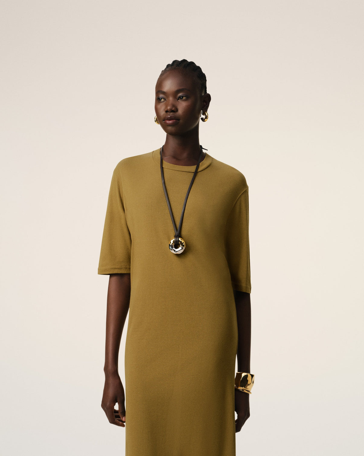 Mustard Cotton Short Sleeve Midi Dress