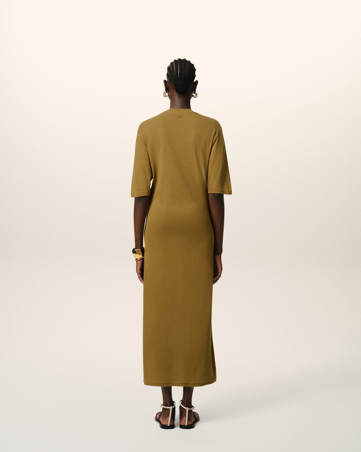 Mustard Cotton Short Sleeve Midi Dress