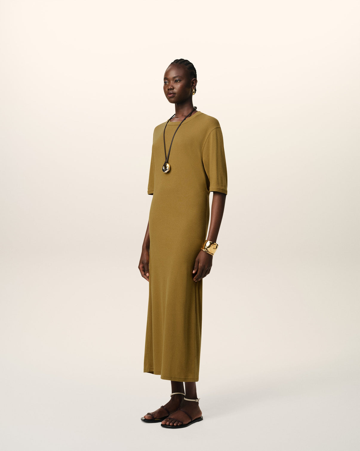 Mustard Cotton Short Sleeve Midi Dress