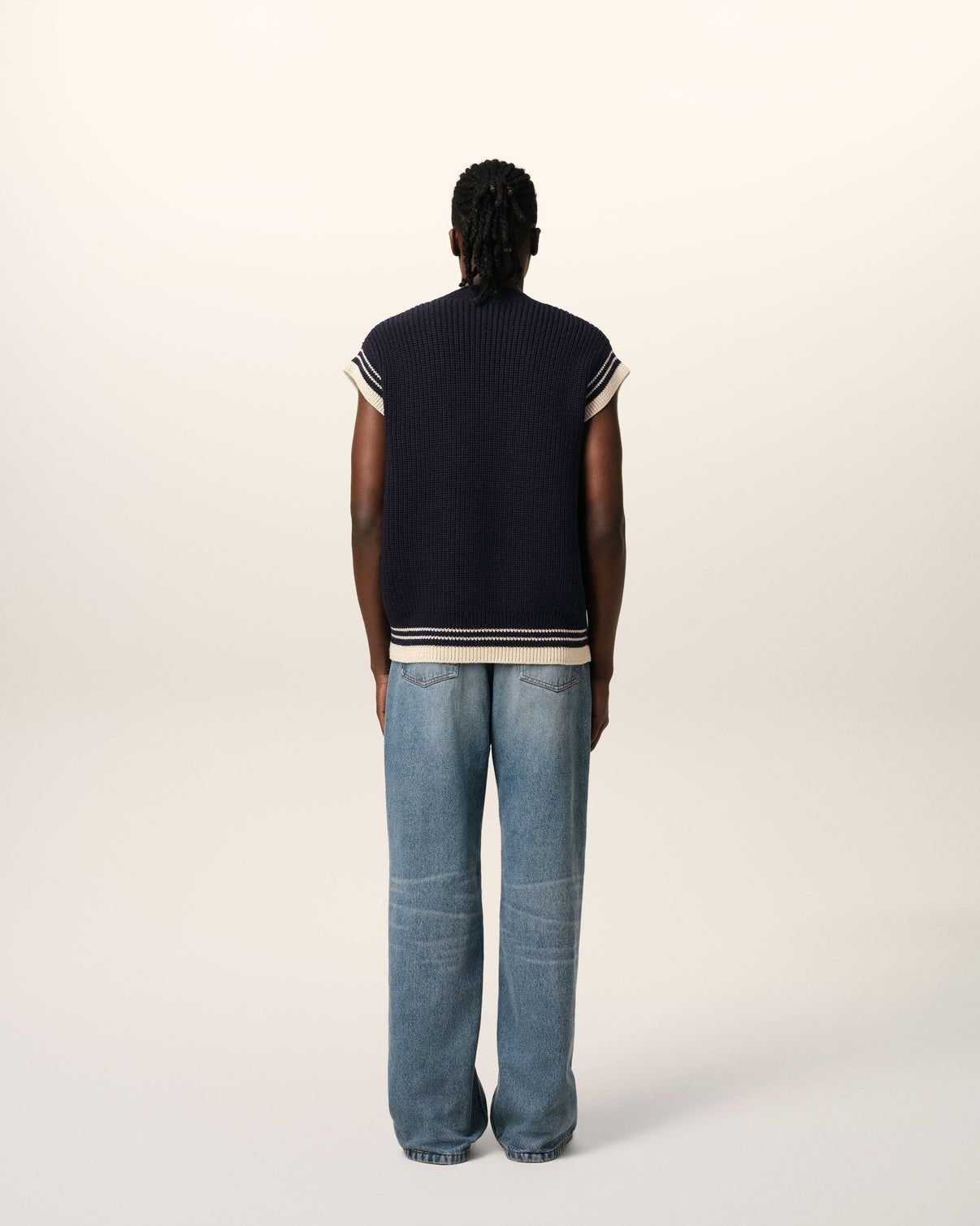 Navy Wool Ribbed Sleeveless V Neck Sweater