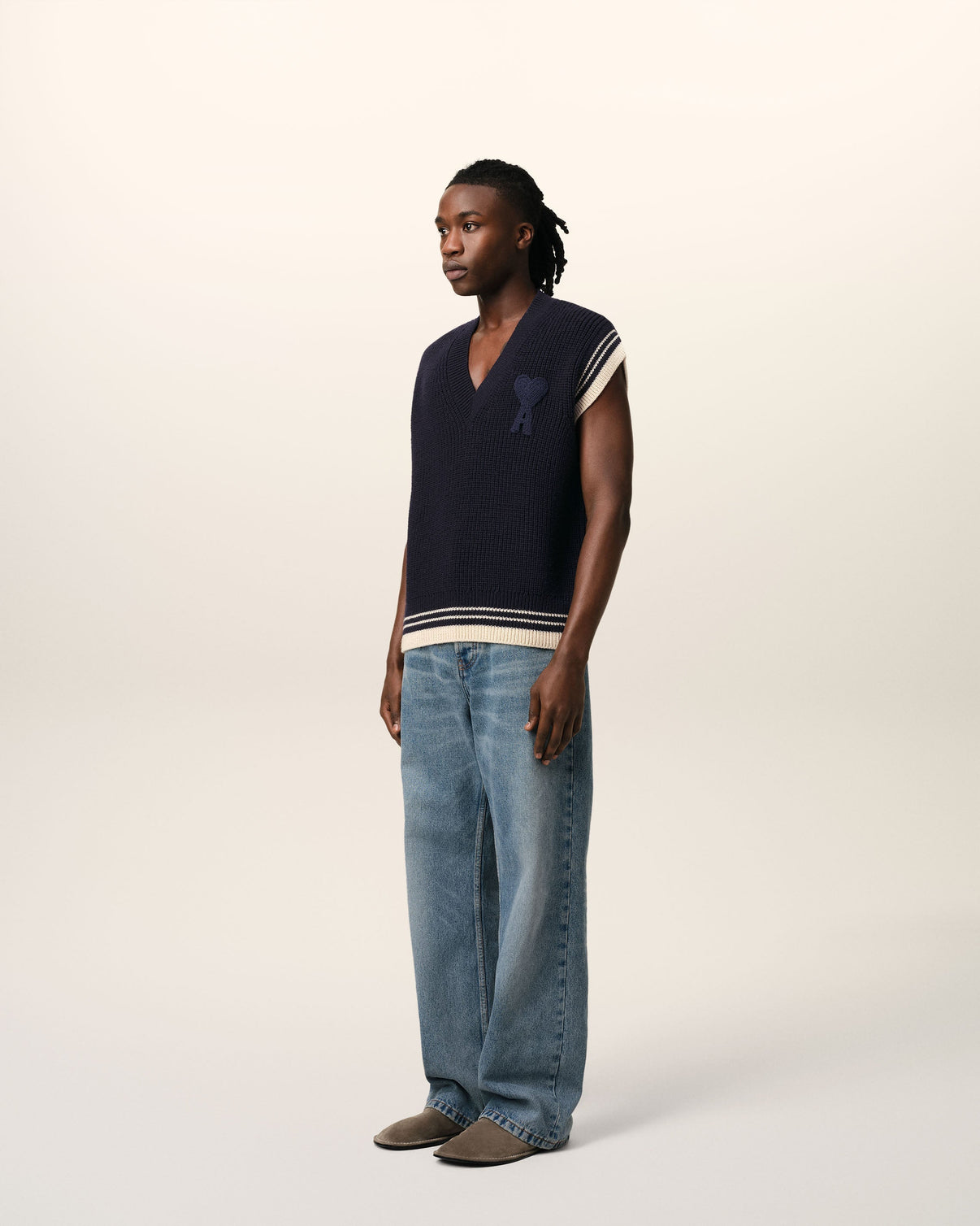 Navy Wool Ribbed Sleeveless V Neck Sweater