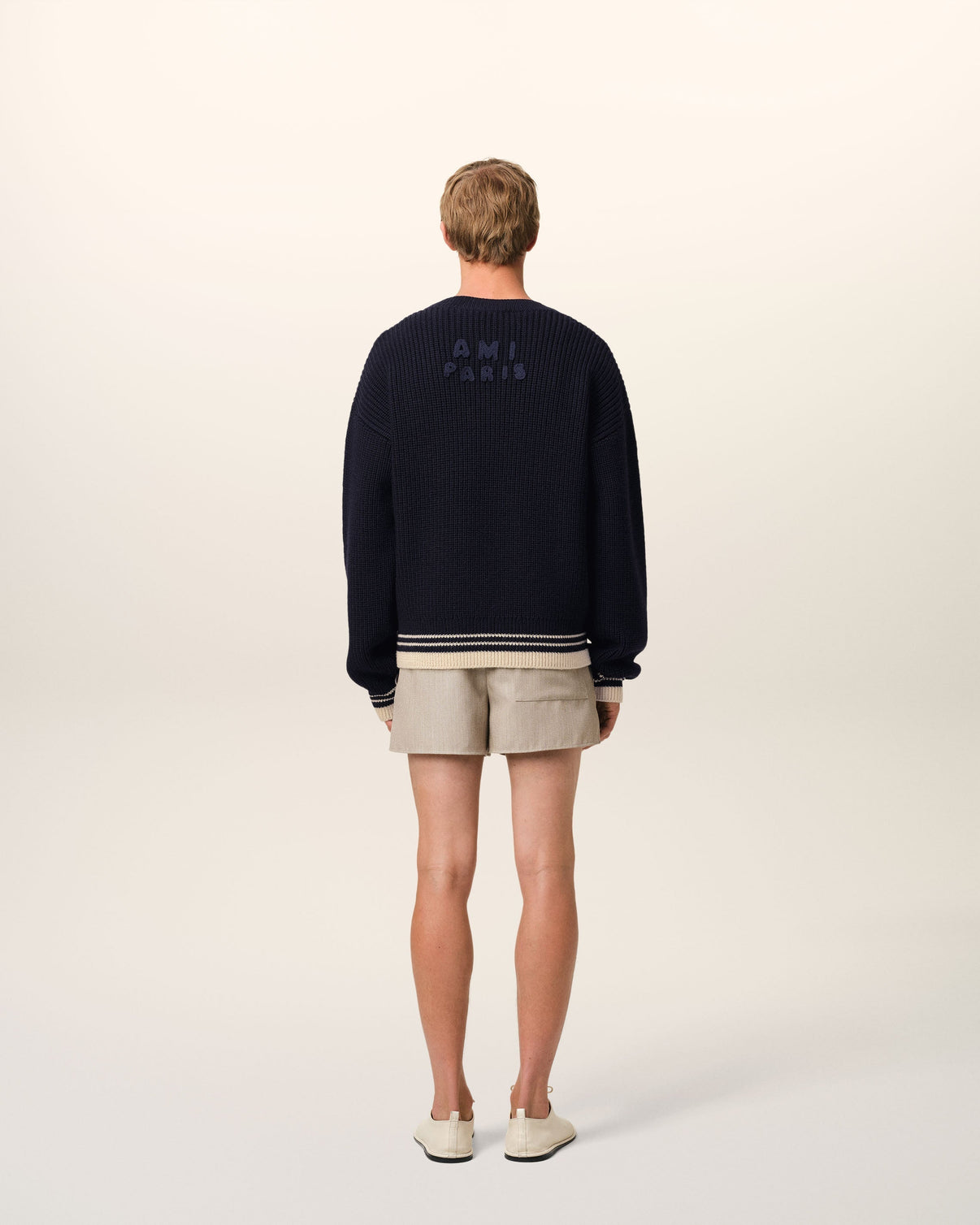 Navy Wool Ribbed V Neck Sweater