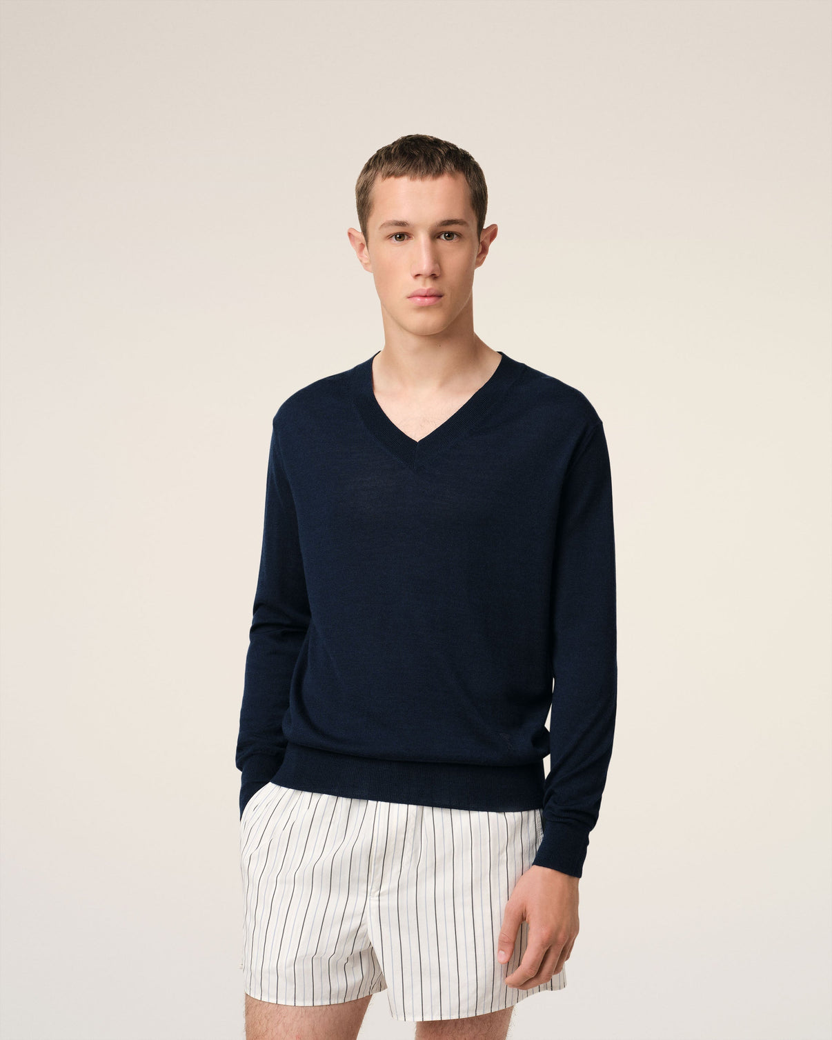 Navy Wool V Neck Sweater