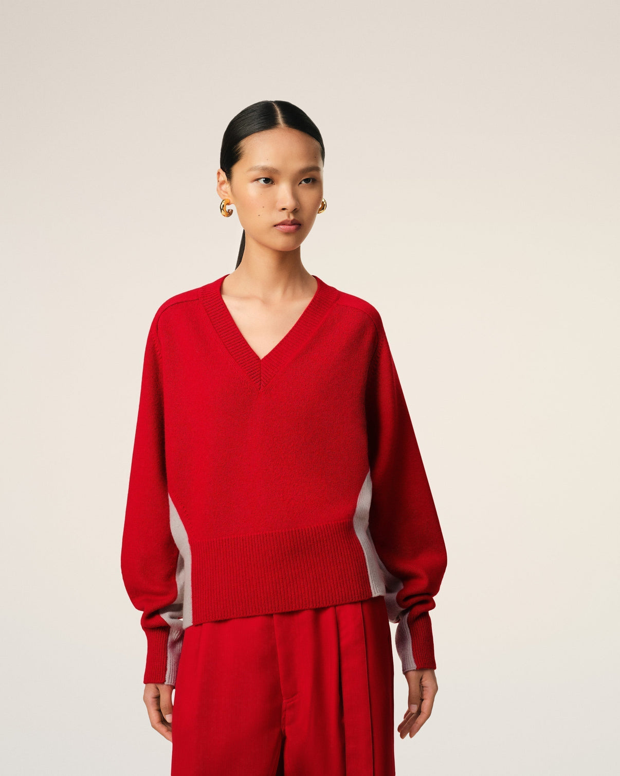 Red Wool Knit Bicolor V Neck Sweater