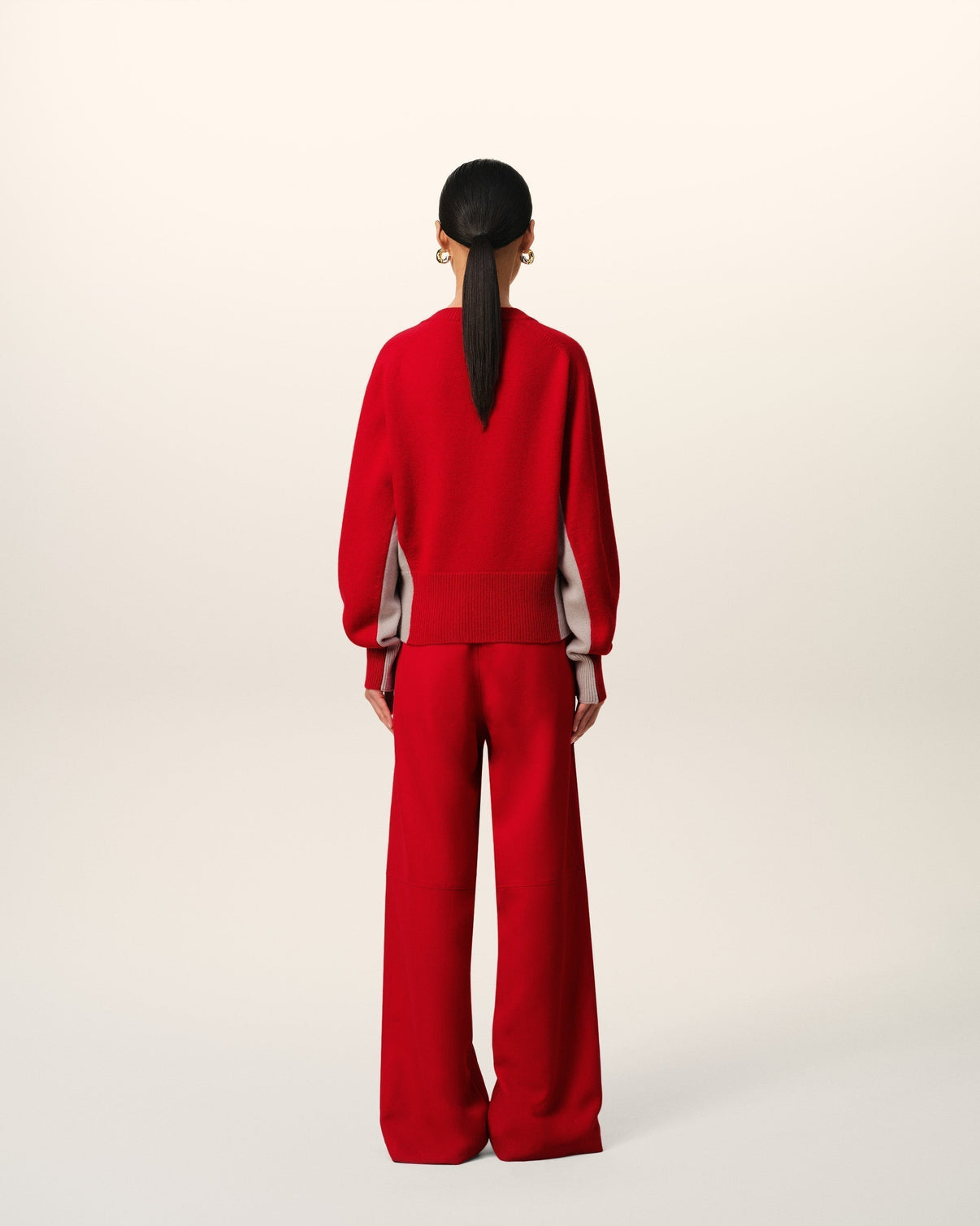 Red Wool Knit Bicolor V Neck Sweater