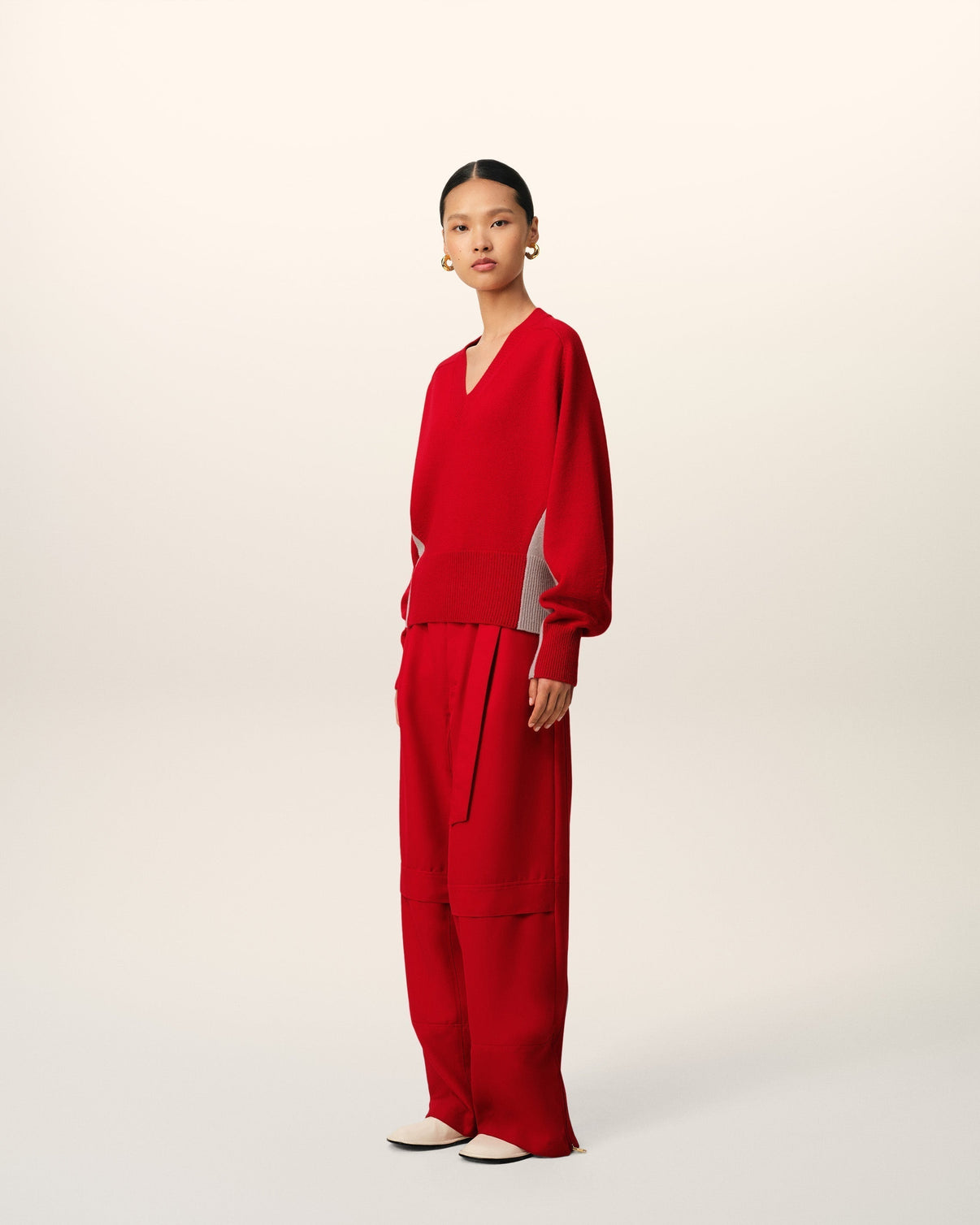 Red Wool Knit Bicolor V Neck Sweater