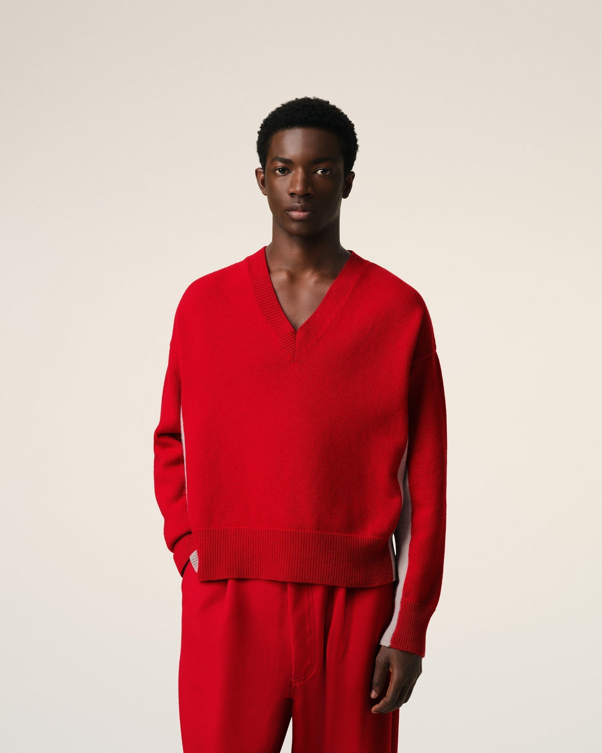 Red Wool Knit Bicolor V Neck Sweater