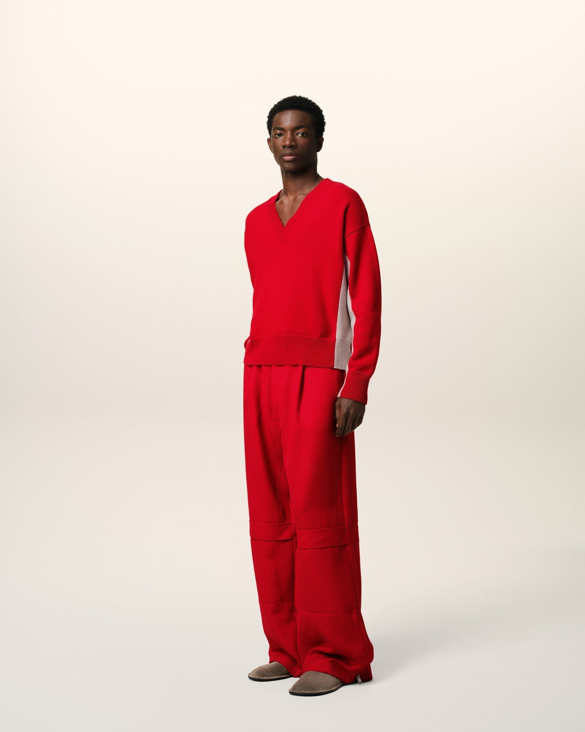 Red Wool Knit Bicolor V Neck Sweater