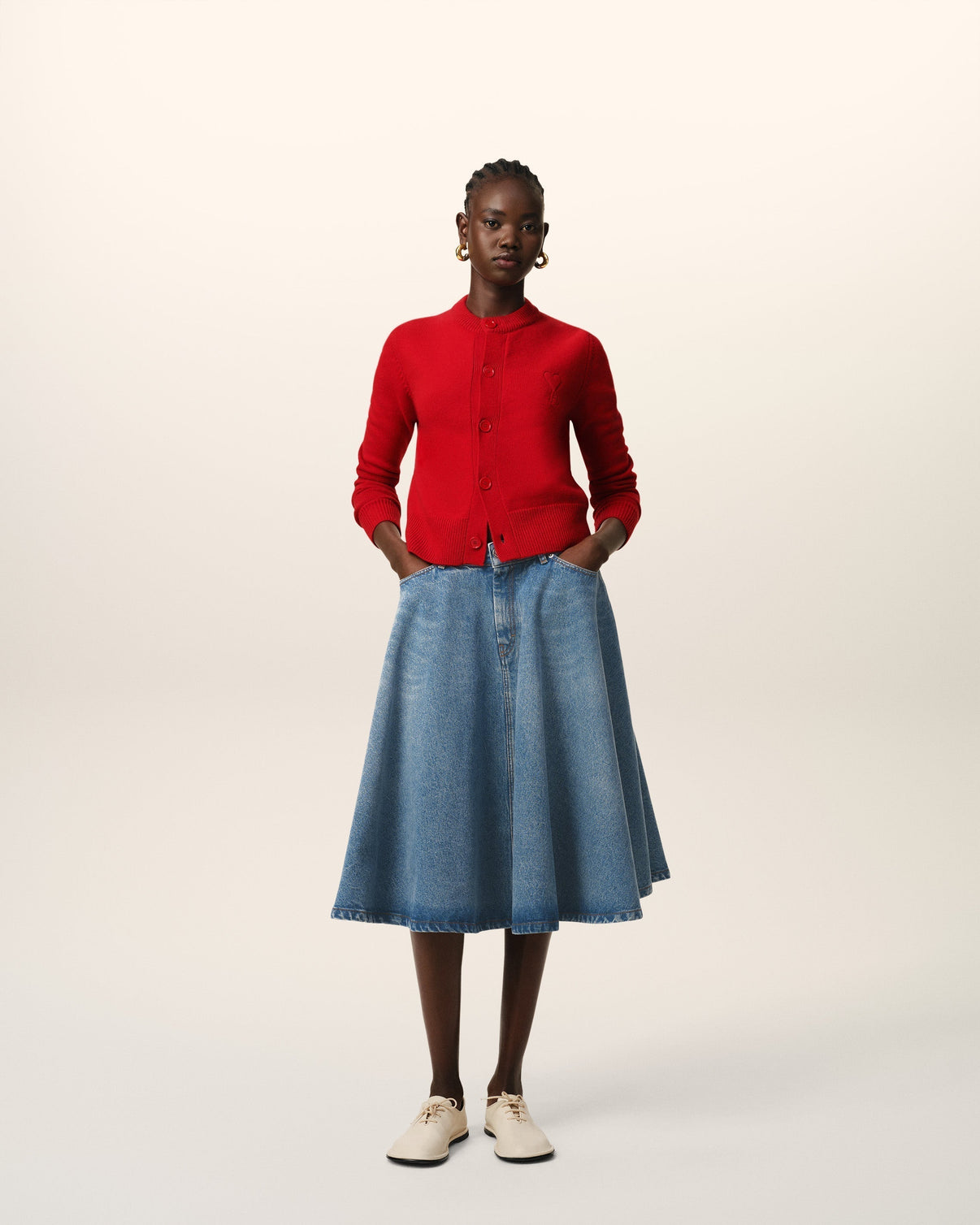 Red Wool Knit Crewneck Cardigan