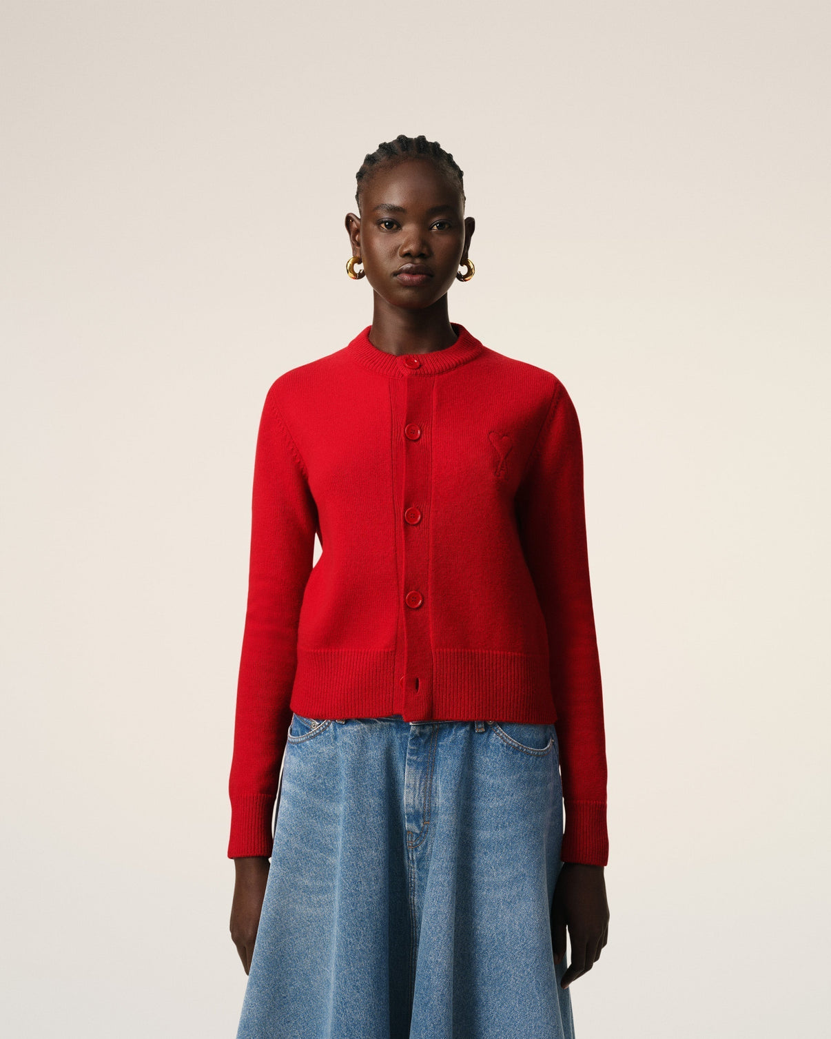 Red Wool Knit Crewneck Cardigan