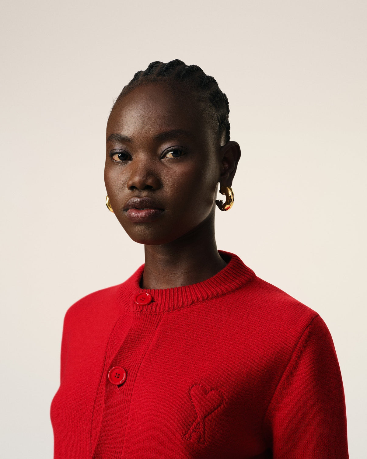 Red Wool Knit Crewneck Cardigan