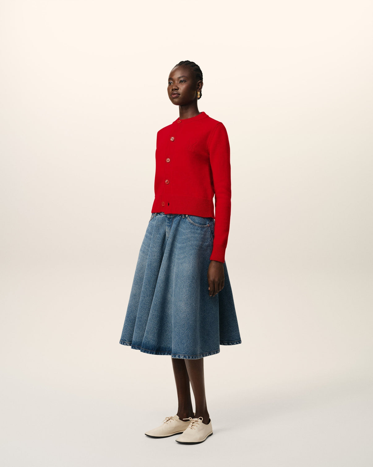 Red Wool Knit Crewneck Cardigan