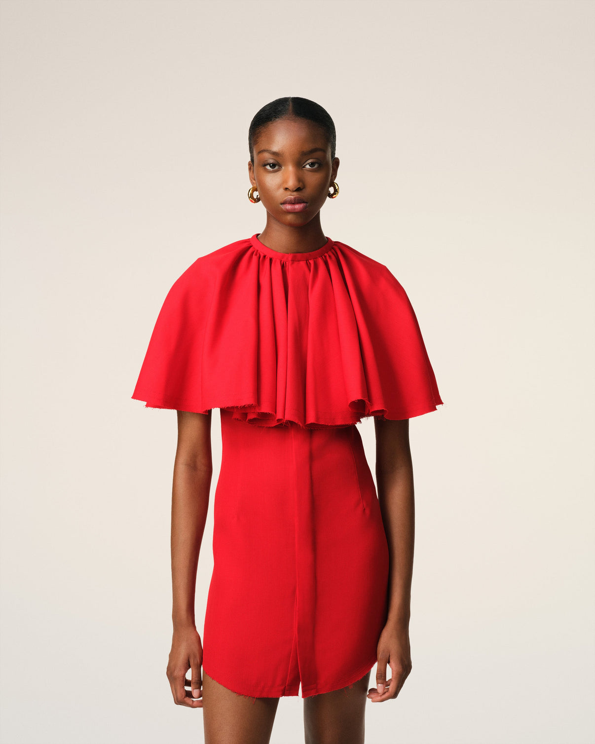 Red Wool Shirt Dress With Ruff