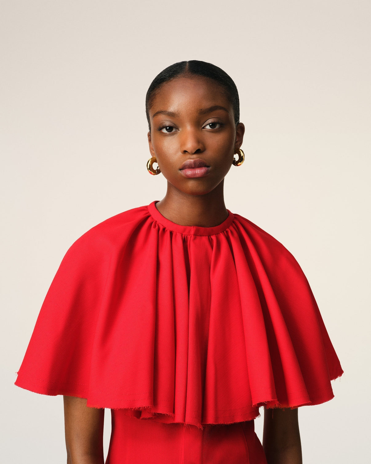 Red Wool Shirt Dress With Ruff