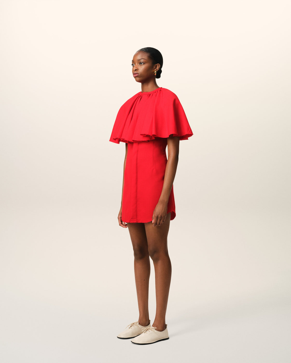 Red Wool Shirt Dress With Ruff
