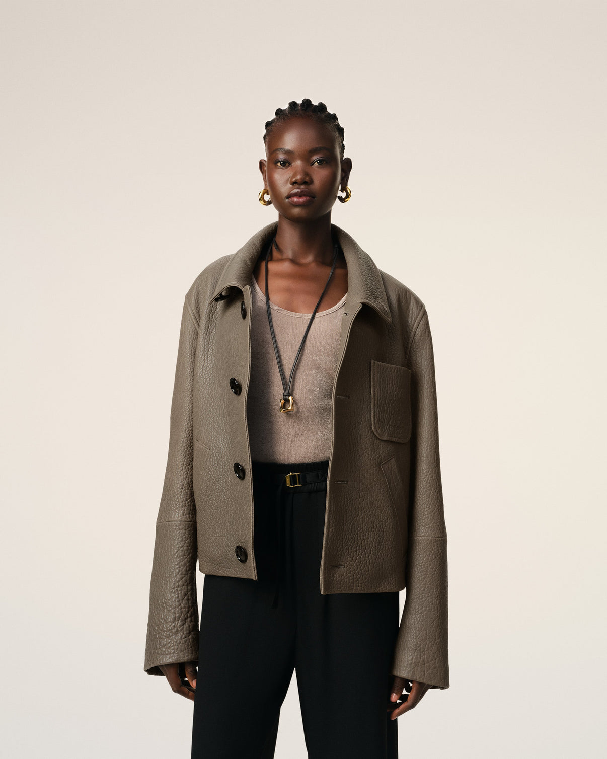 Taupe Leather Buttoned Jacket