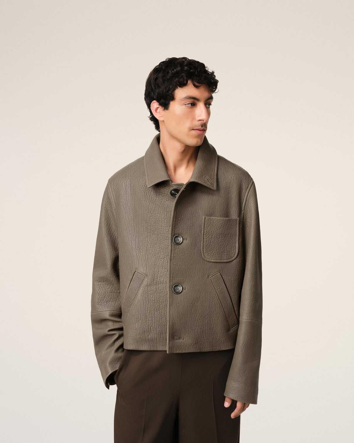 Taupe Leather Buttoned Jacket