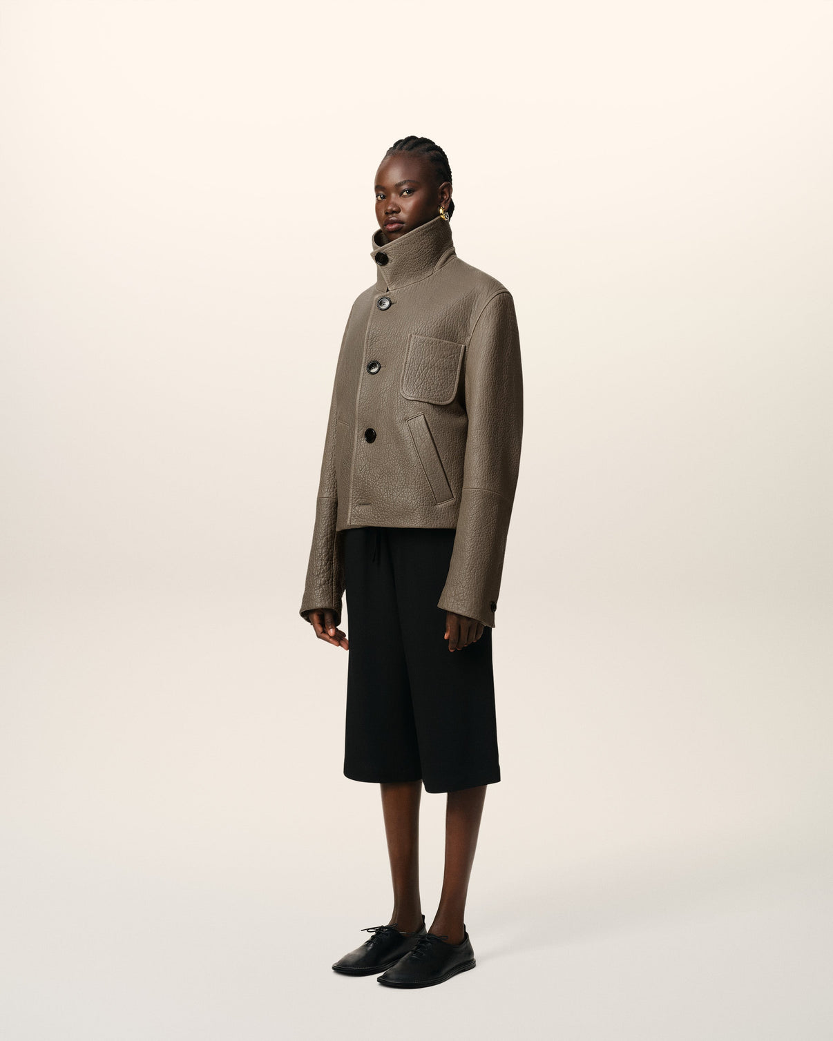 Taupe Leather Buttoned Jacket