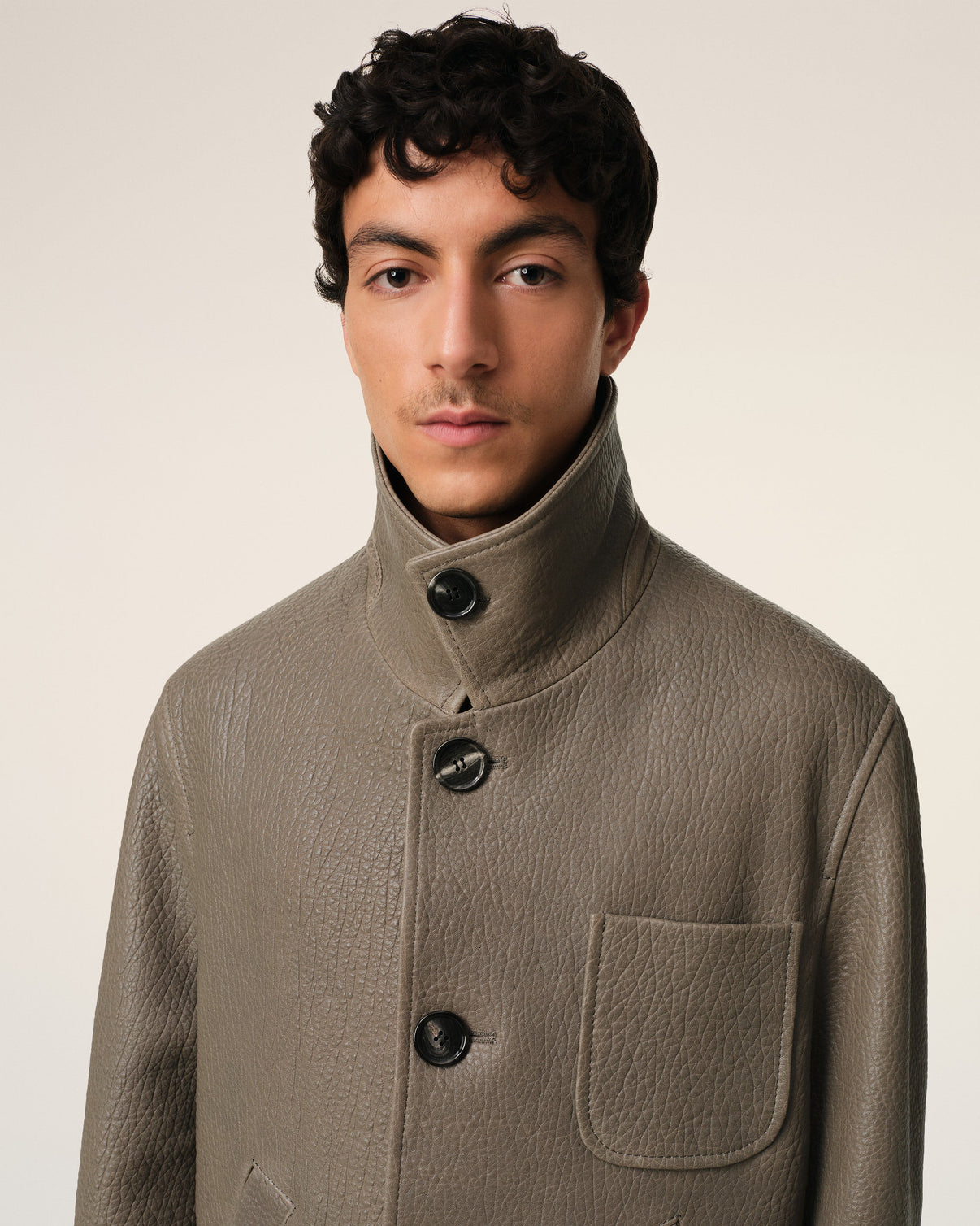 Taupe Leather Buttoned Jacket