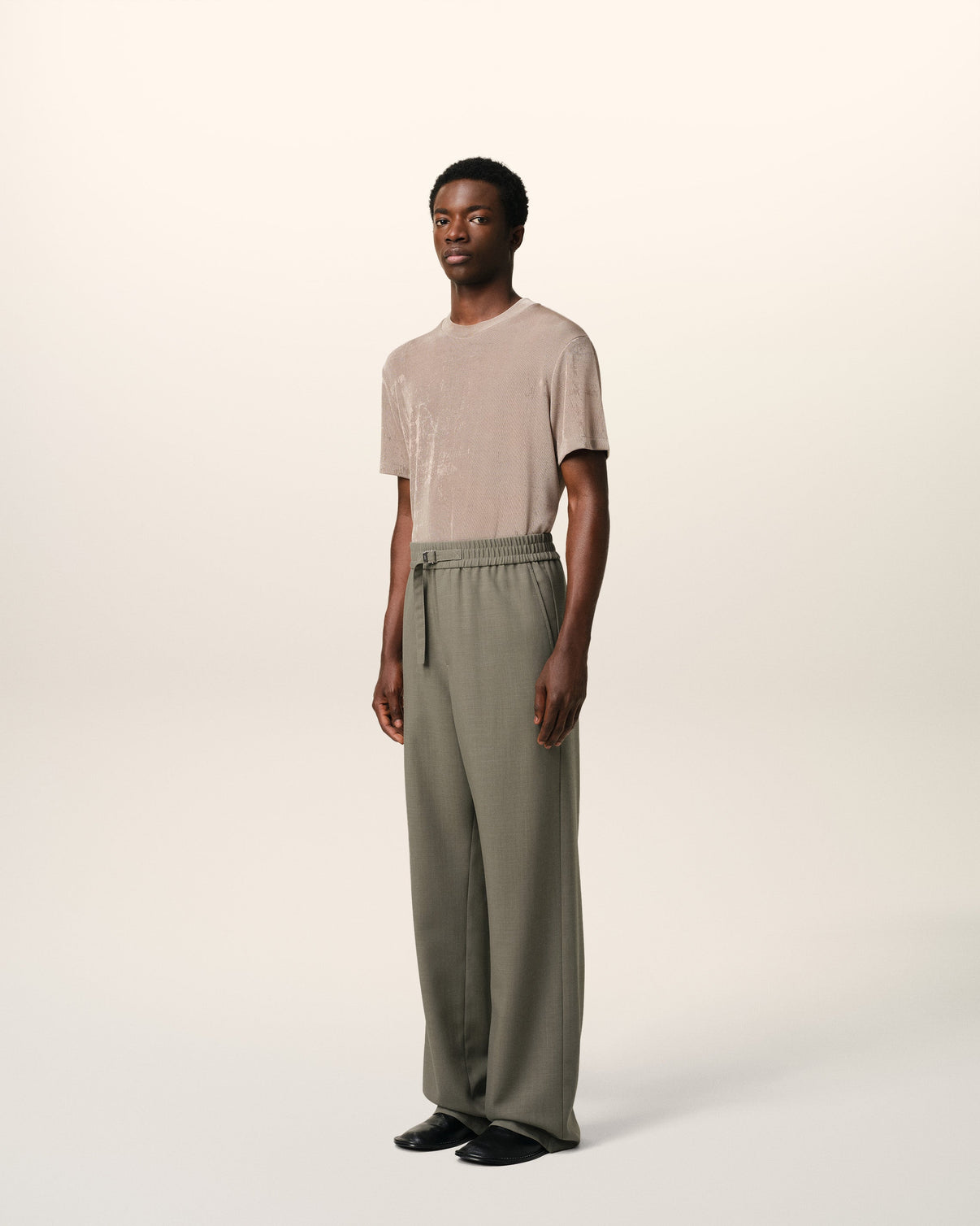 Taupe Wool Straight Fit Elasticated Trousers