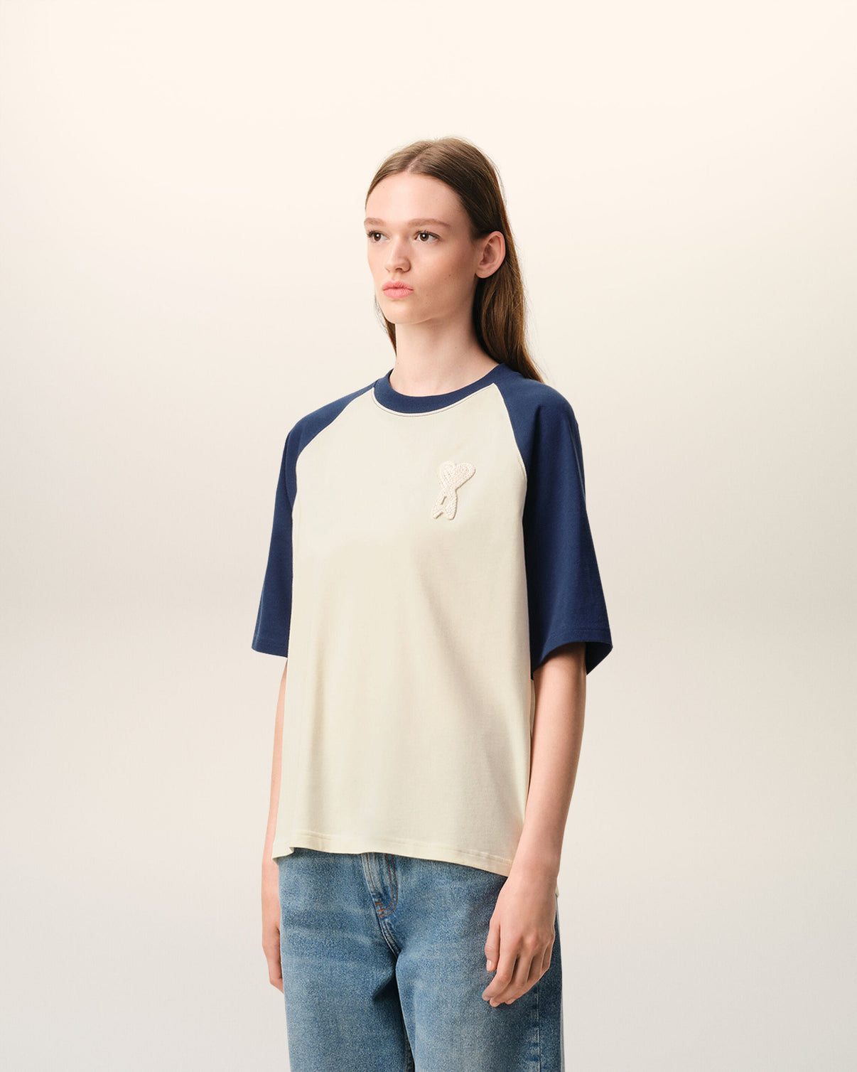 White And Blue Cotton Knitted Patch T-shirt